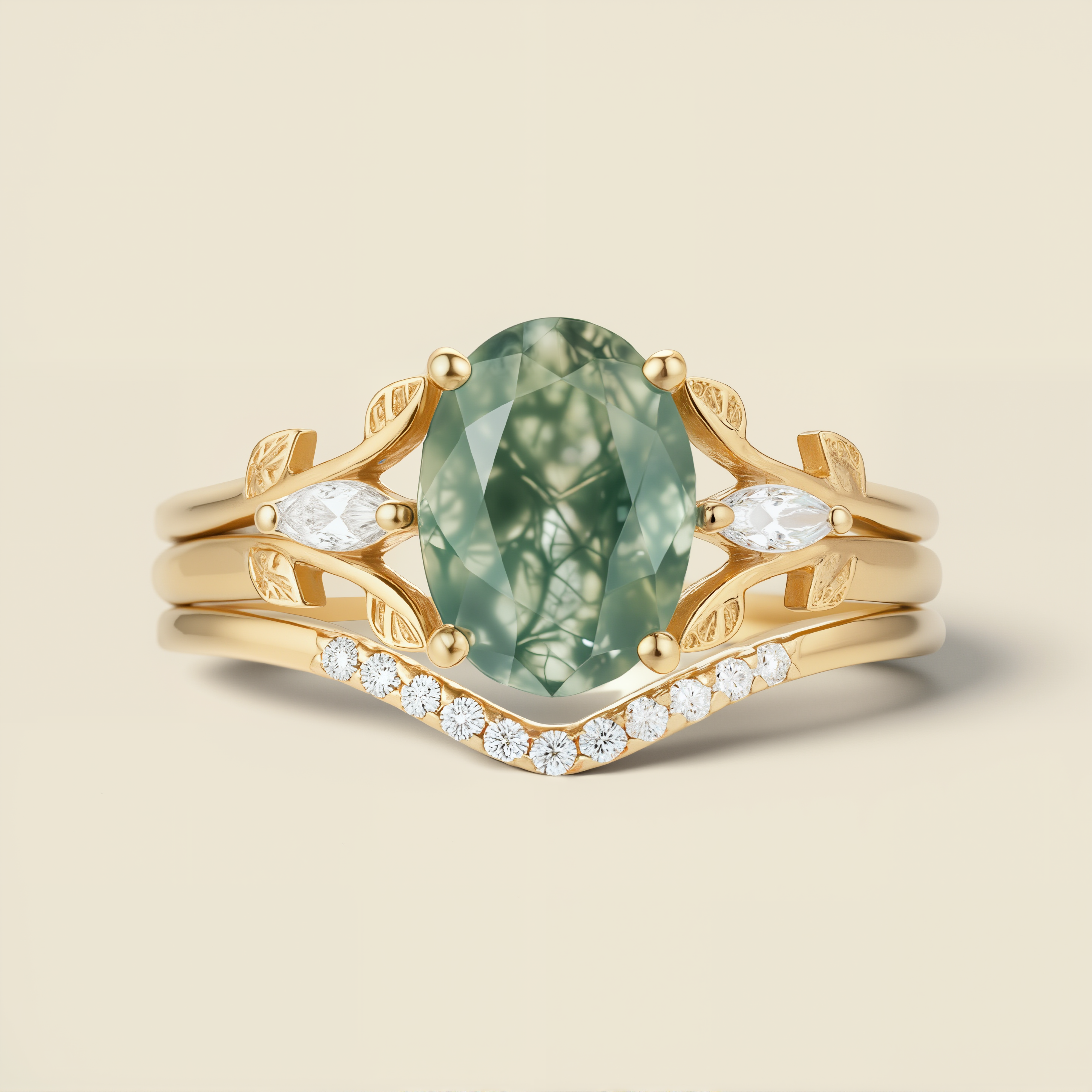 Heartwood Solitaire | Oval Moss Agate & Marquise Moissanite Statement Ring in Yellow Gold - Forest Canvas