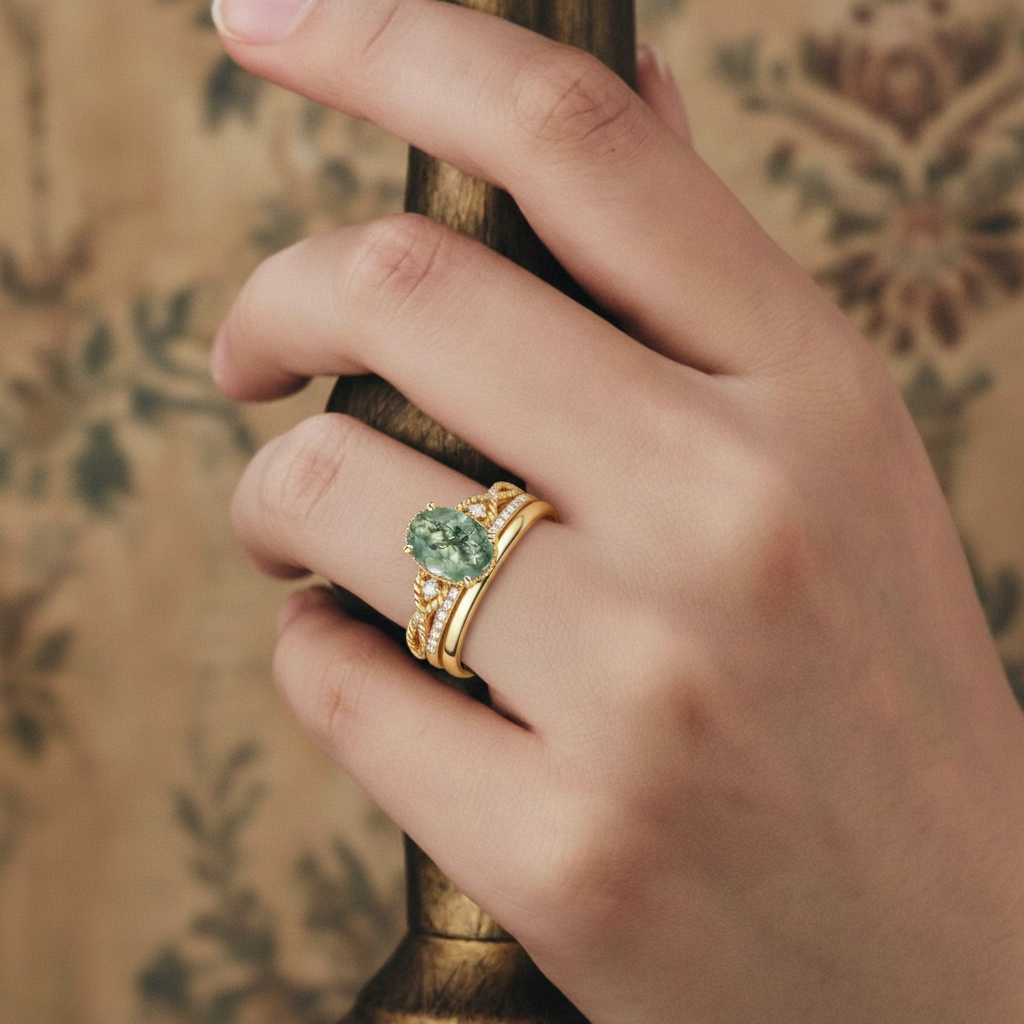 Knot of Destiny | Oval Moss Agate & Moissanite Solitaire Ring in Yellow Gold - Twisted Cord Keeper