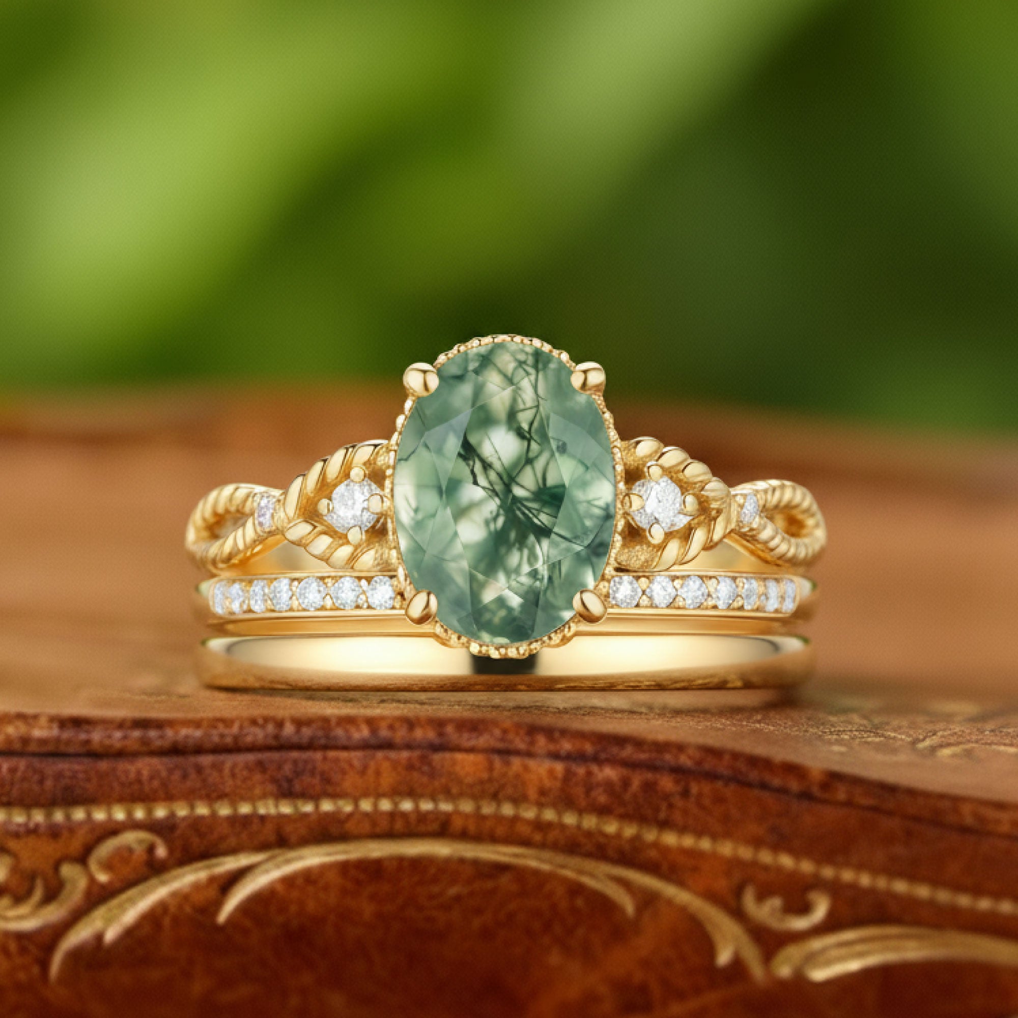 Knot of Destiny | Oval Moss Agate & Moissanite Solitaire Ring in Yellow Gold - Twisted Cord Keeper