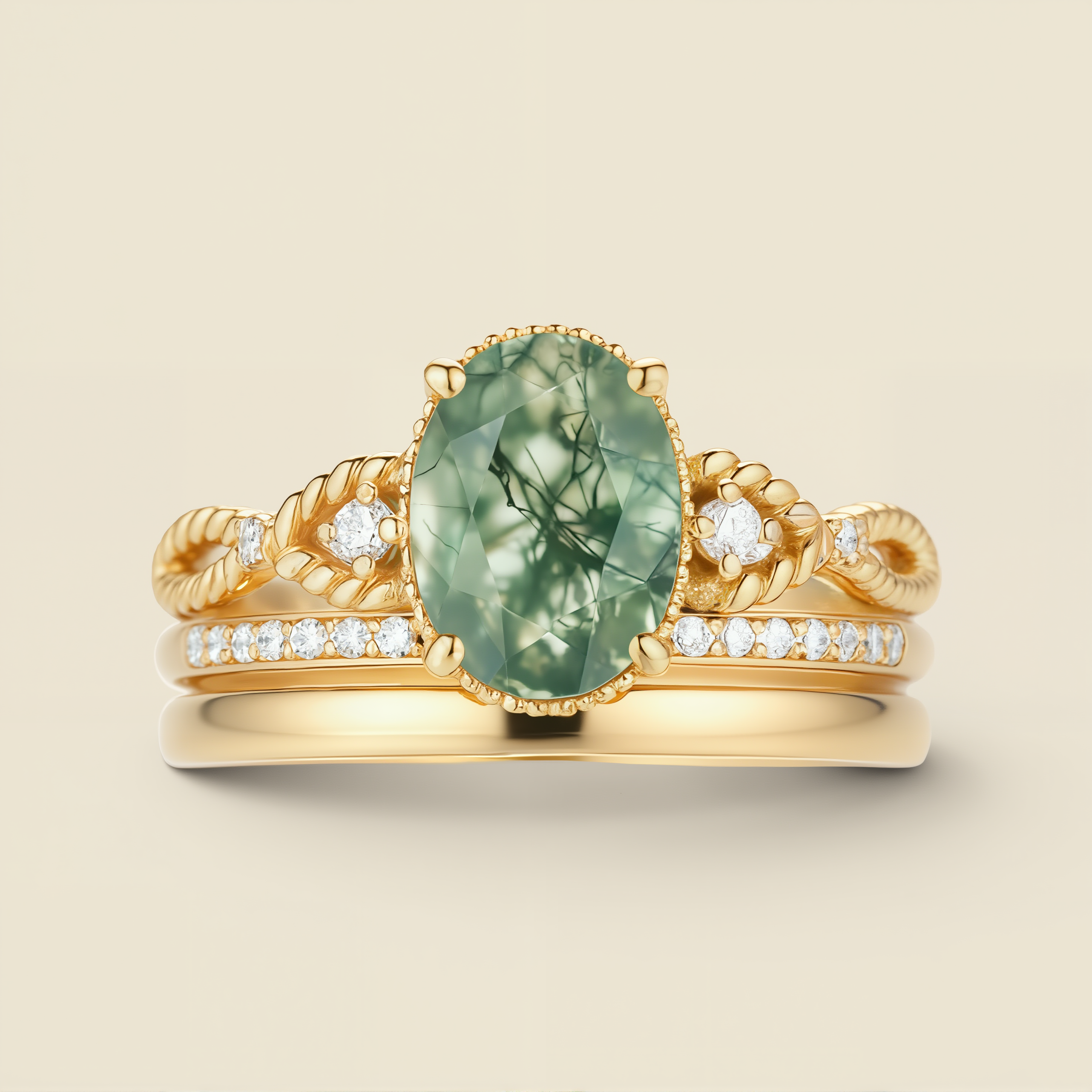 Knot of Destiny | Oval Moss Agate & Moissanite Solitaire Ring in Yellow Gold - Twisted Cord Keeper