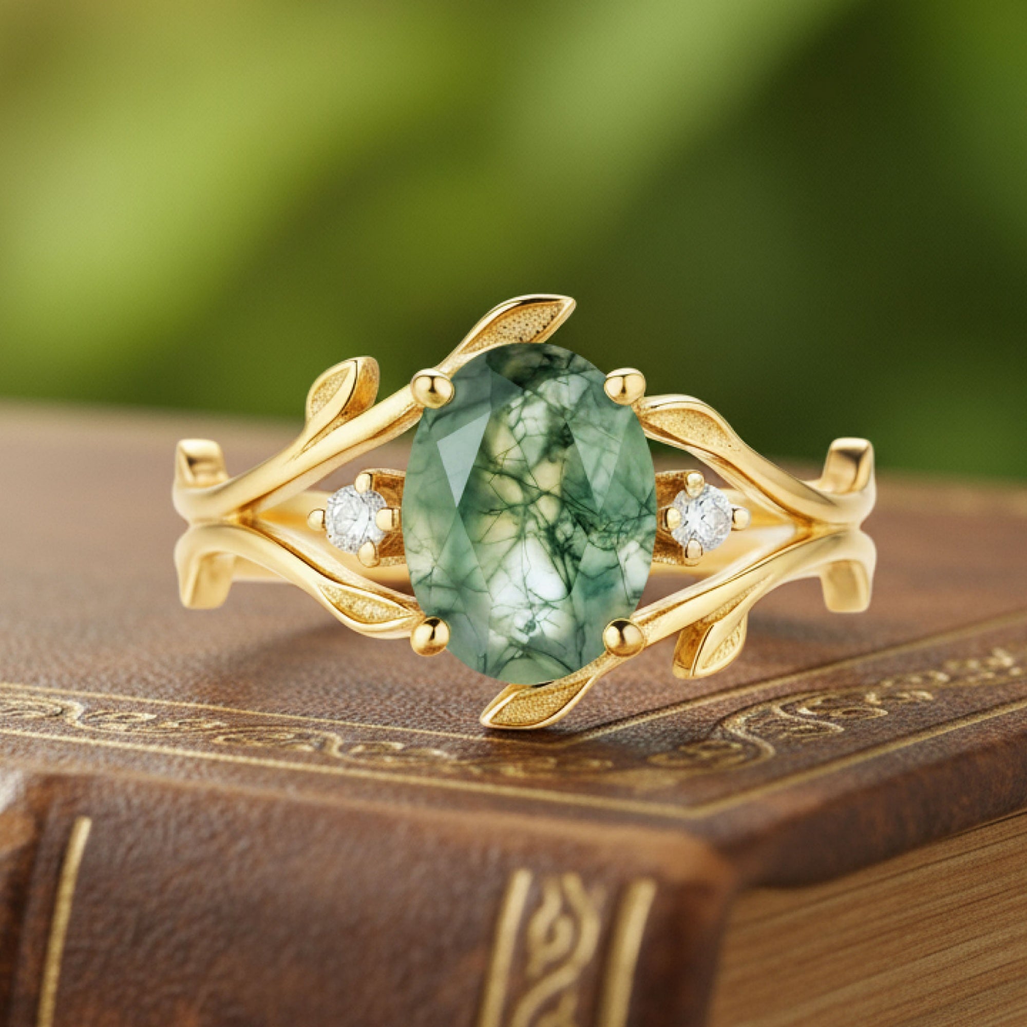 Evergreen Sprout | Oval Moss Agate & Moissanite Solitaire Ring in Yellow Gold - Vine of Life