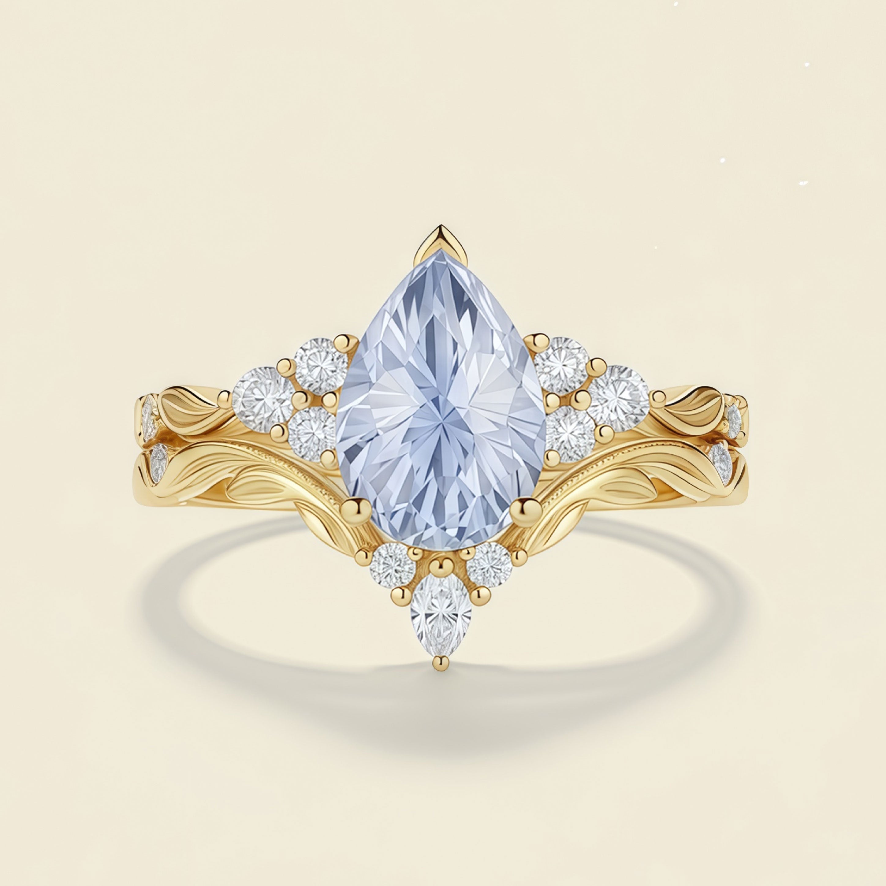 Sylvara- Pear Cut Lab Cornflower Blue Sapphire Leaf Crown Engagement Ring