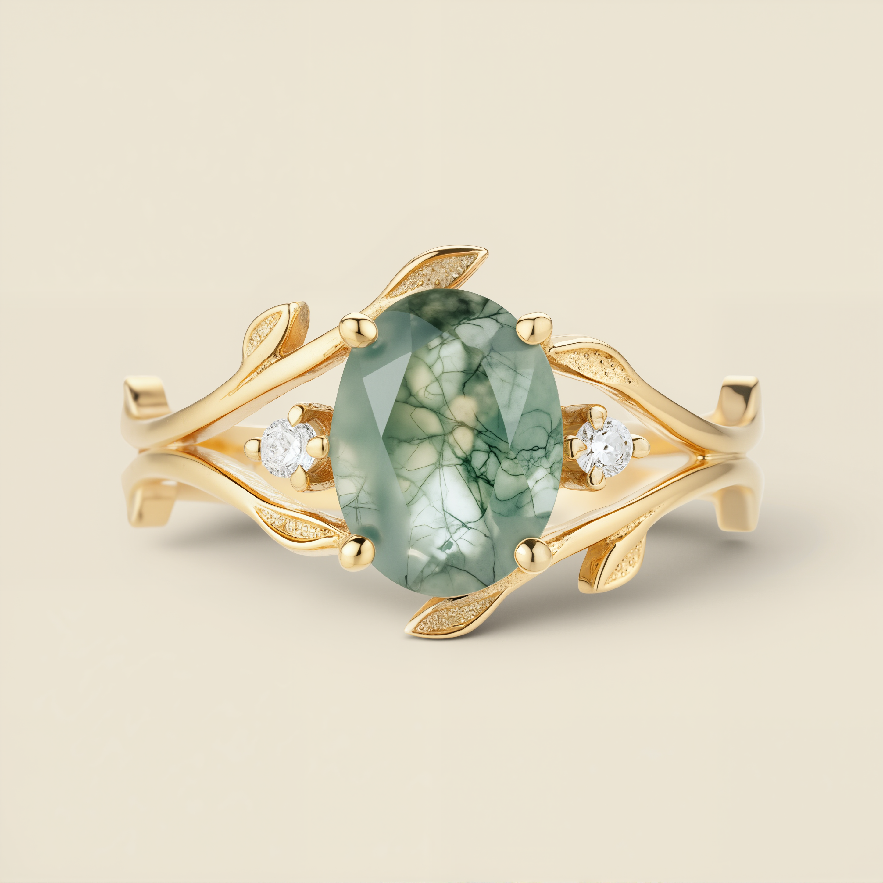 Evergreen Sprout | Oval Moss Agate & Moissanite Solitaire Ring in Yellow Gold - Vine of Life