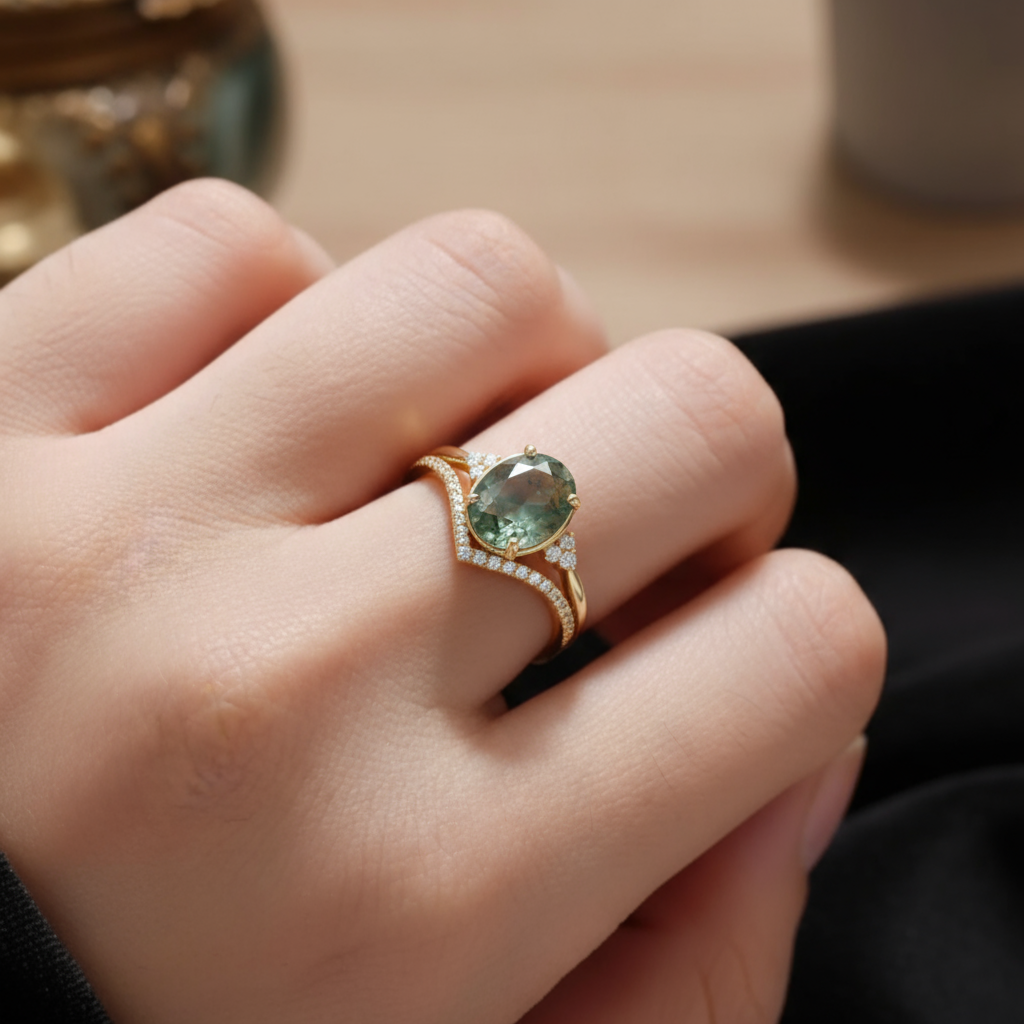 Gaea's Embrace | Oval Moss Agate Minimalist Cluster Engagement Ring - Lyra