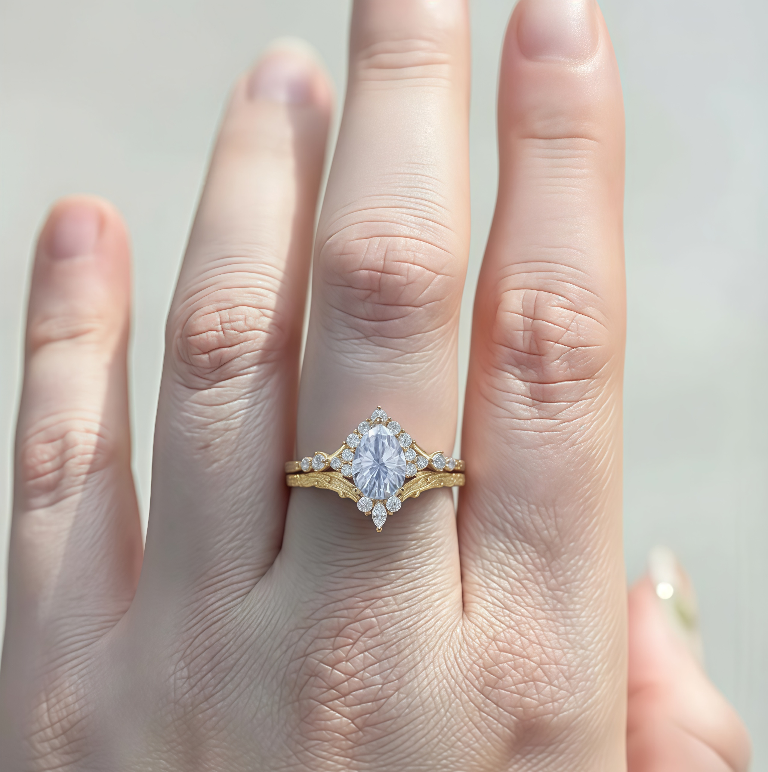 Aetheria – Pear Cut Lab Cornflower Blue Sapphire Halo Leaf Engagement Ring