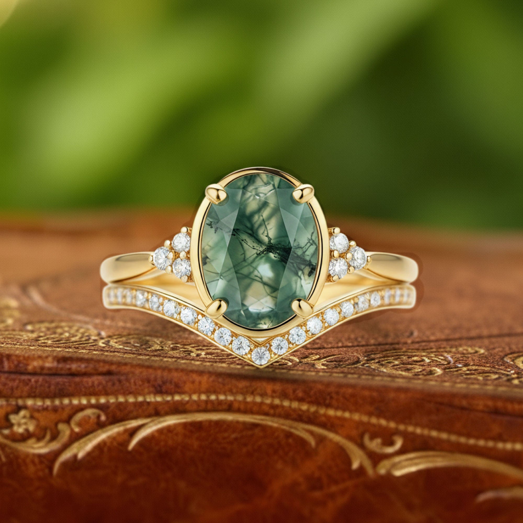Gaea's Embrace | Oval Moss Agate Minimalist Cluster Engagement Ring - Lyra