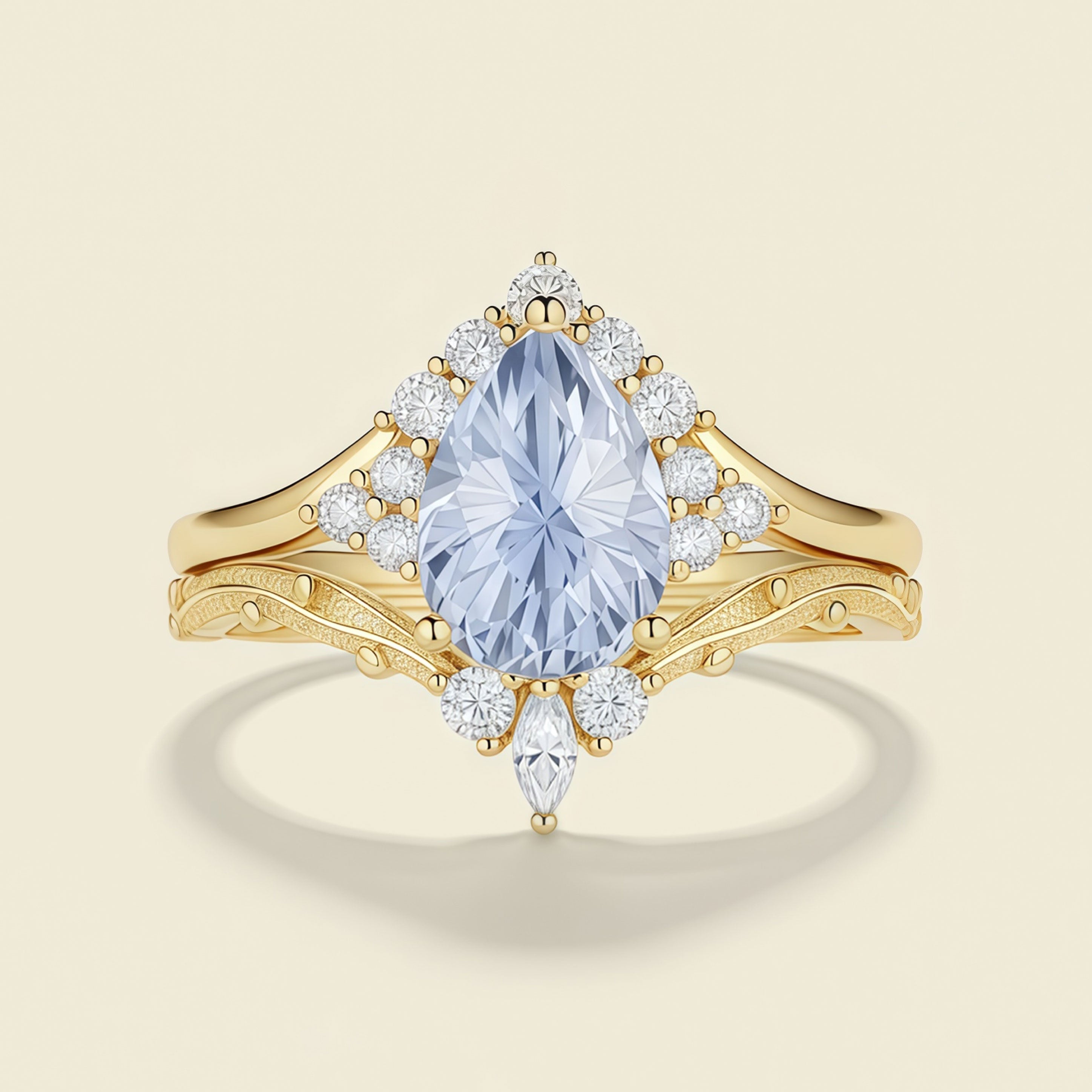 Aetheria – Pear Cut Lab Cornflower Blue Sapphire Halo Leaf Engagement Ring