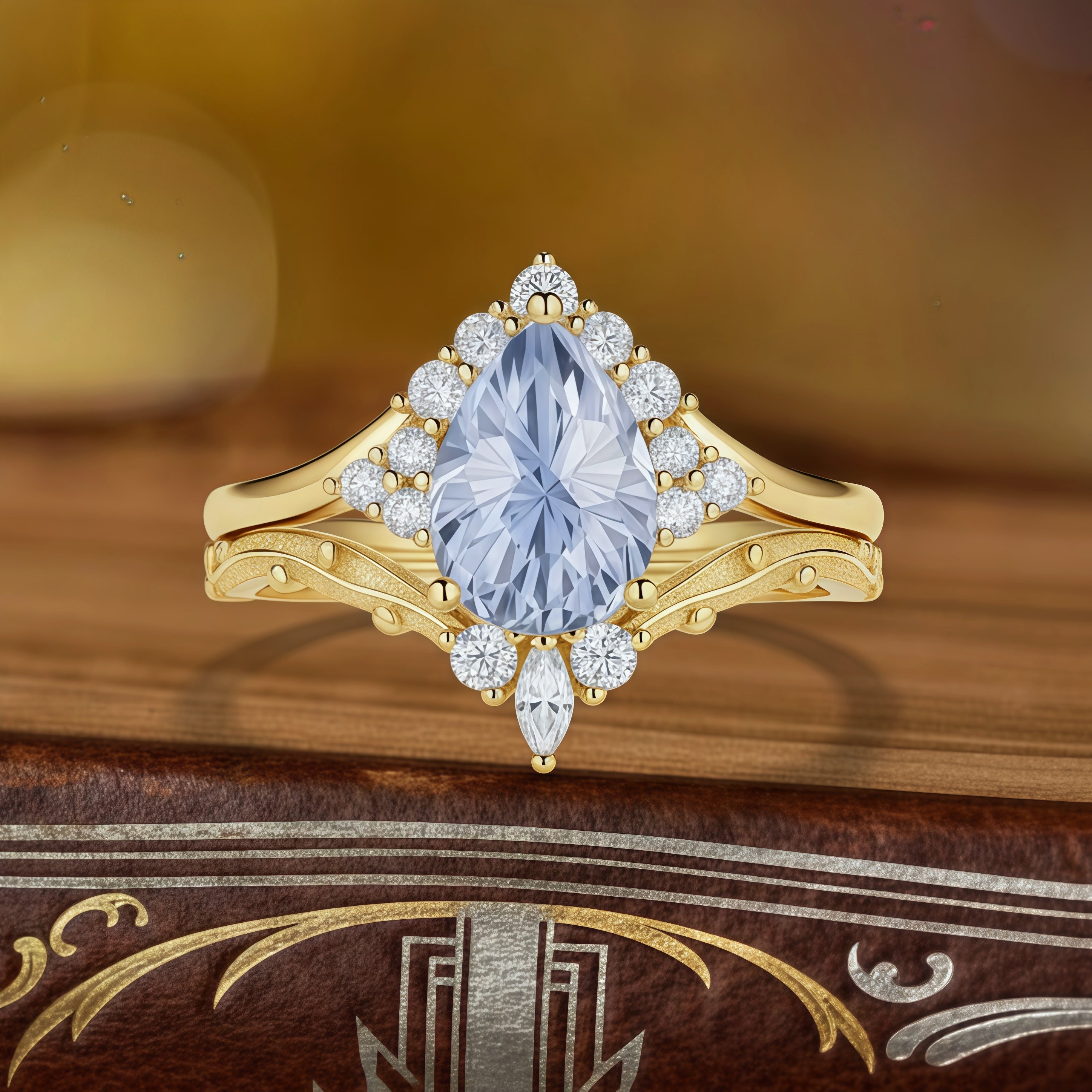 Aetheria – Pear Cut Lab Cornflower Blue Sapphire Halo Leaf Engagement Ring