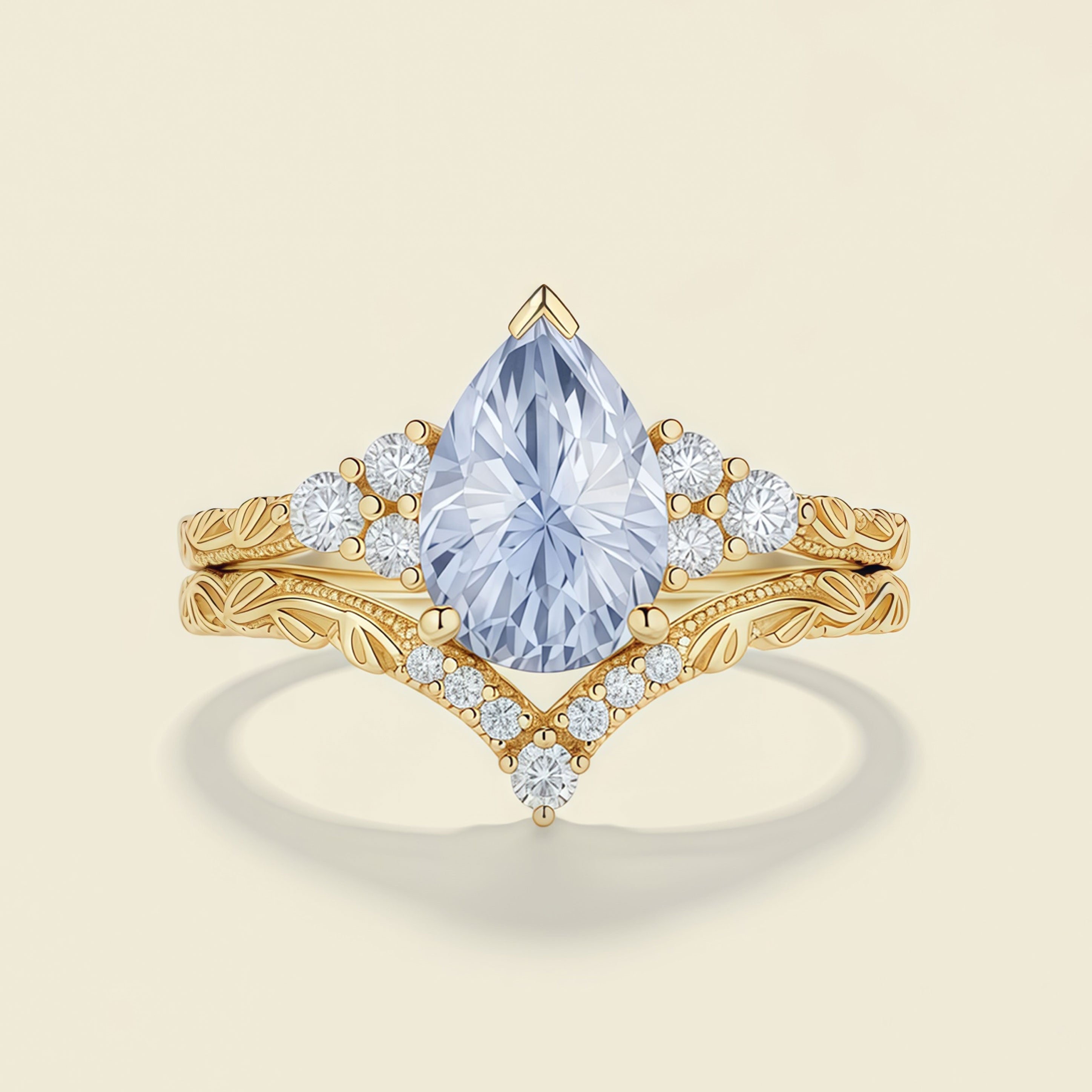 Celestia – Pear Cut Lab Cornflower Blue Sapphire Leaf Engagement Ring Vintage-Inspired Design