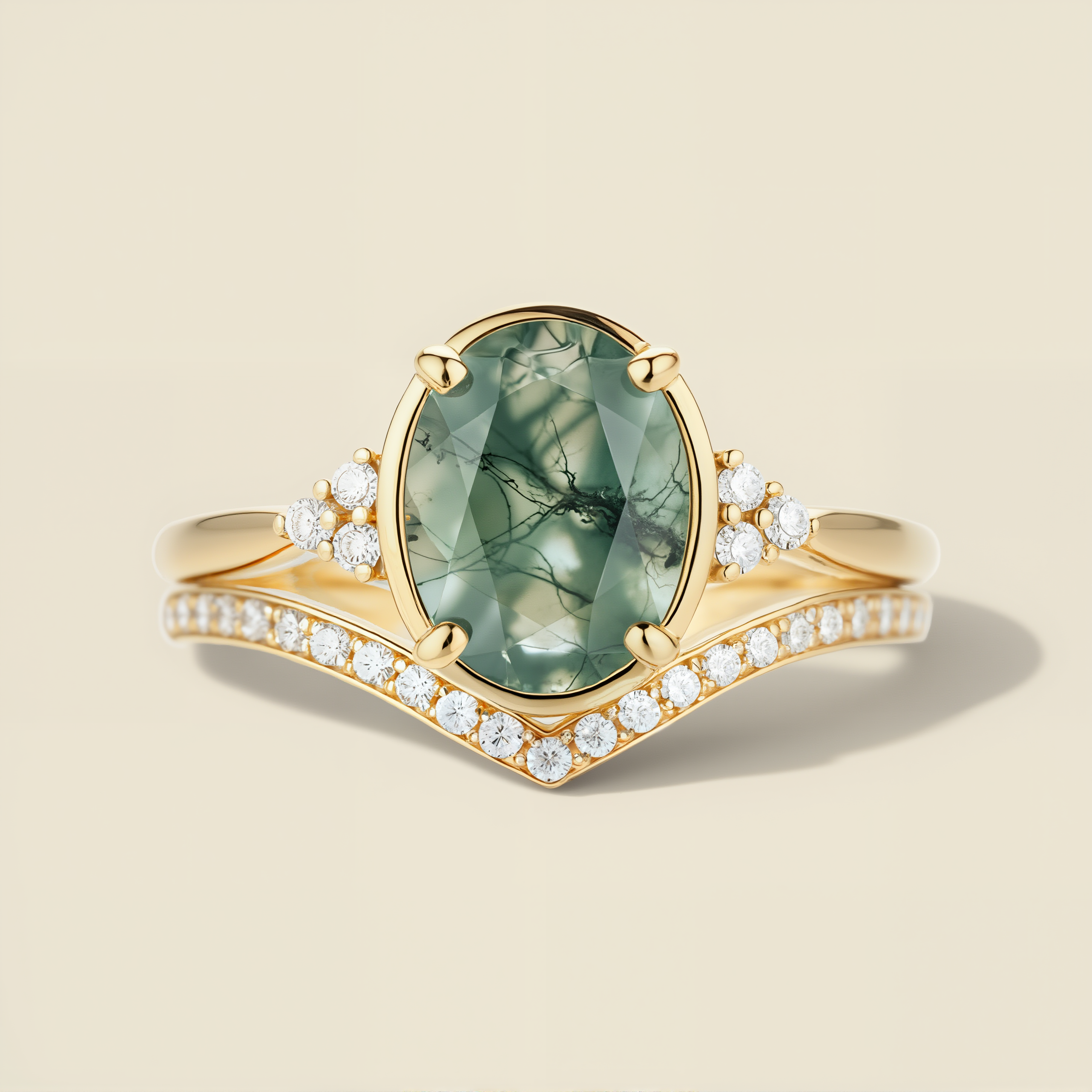 Gaea's Embrace | Oval Moss Agate Minimalist Cluster Engagement Ring - Lyra