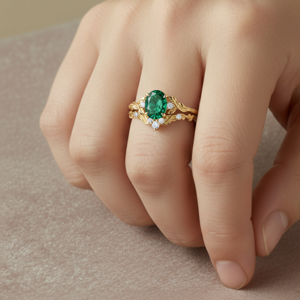 Sylvan Rites | Oval Emerald Hand-Carved Feathered Leaf Engagement Ring - Fiona