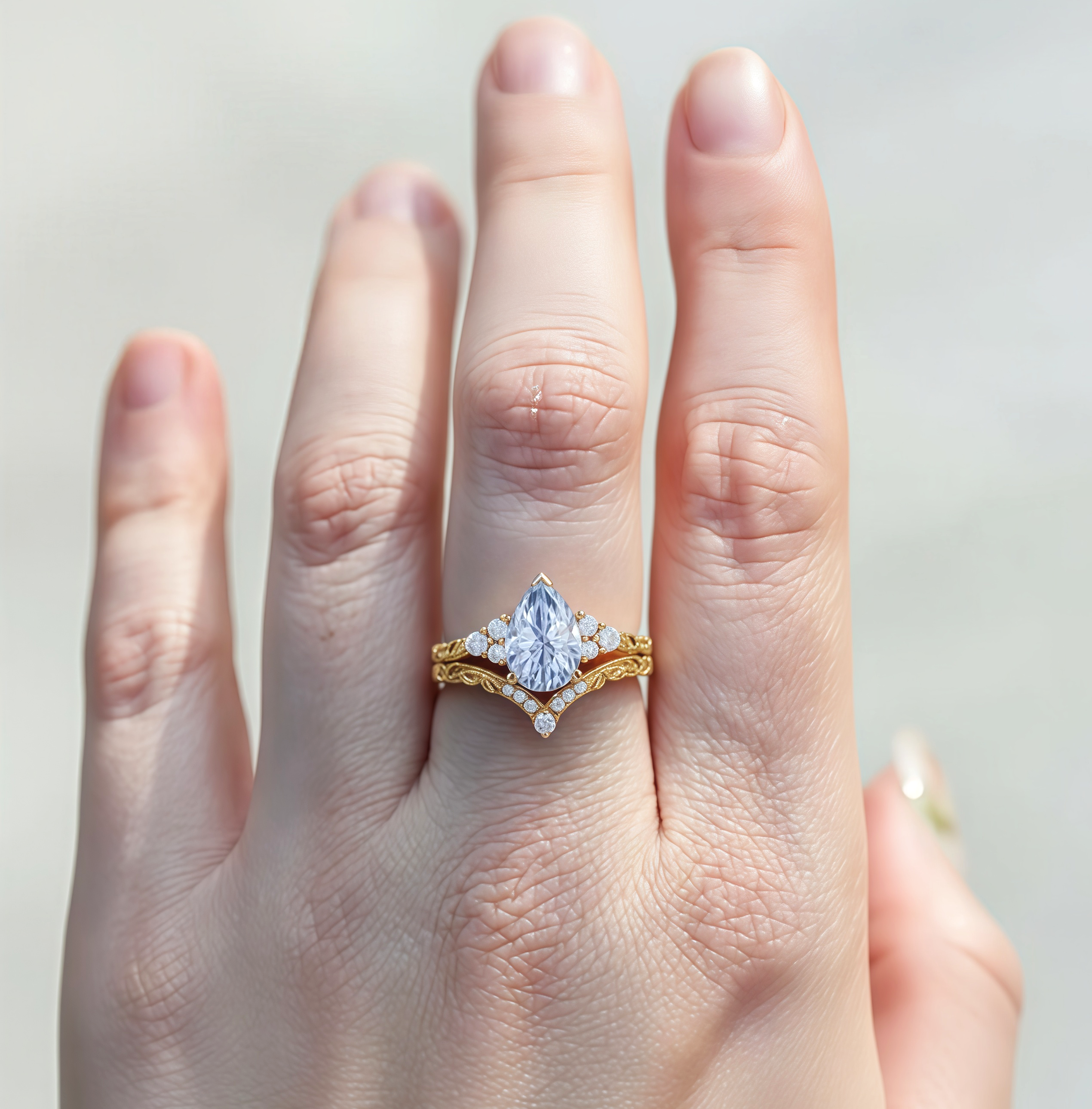 Celestia – Pear Cut Lab Cornflower Blue Sapphire Leaf Engagement Ring Vintage-Inspired Design