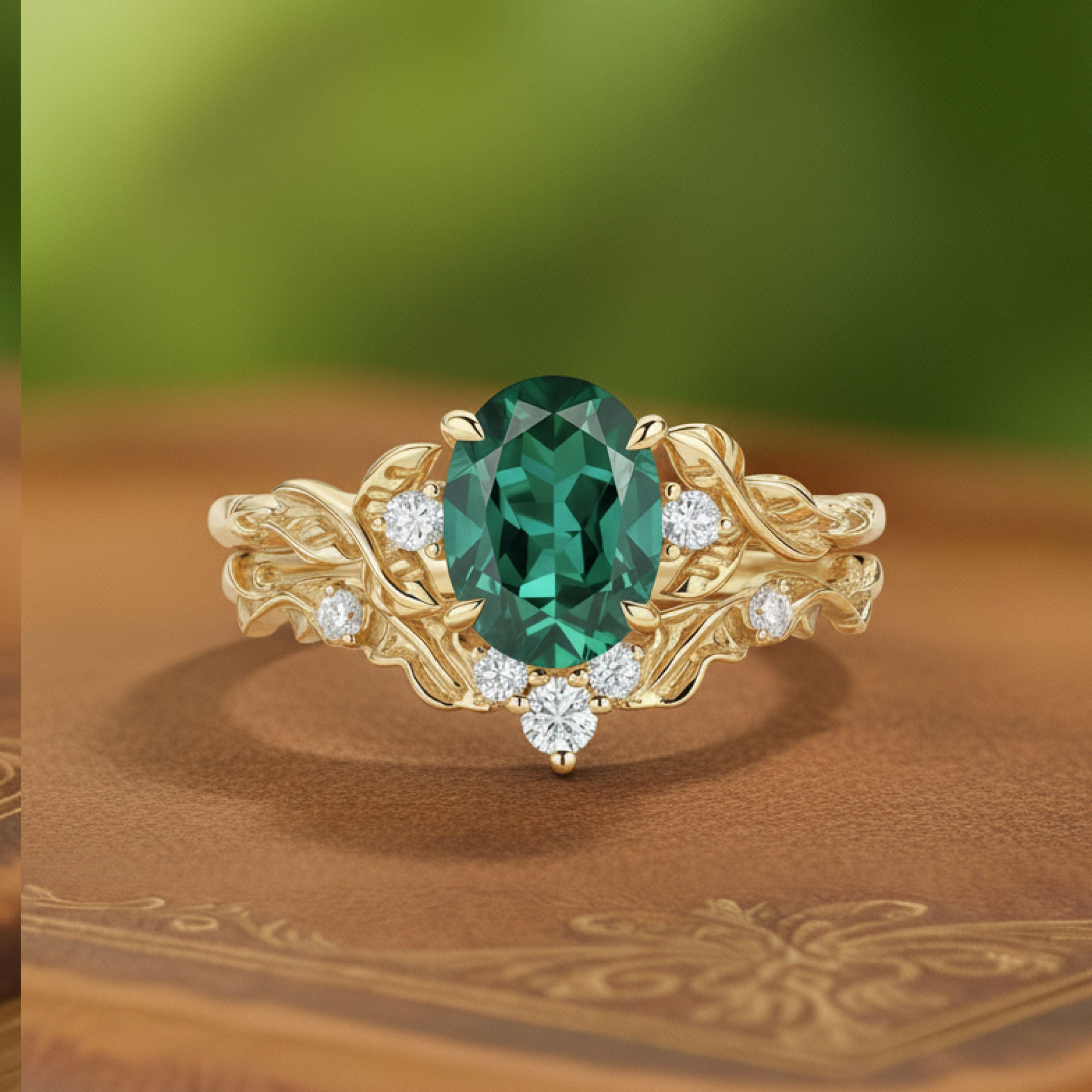 Sylvan Rites | Oval Emerald Hand-Carved Feathered Leaf Engagement Ring - Fiona