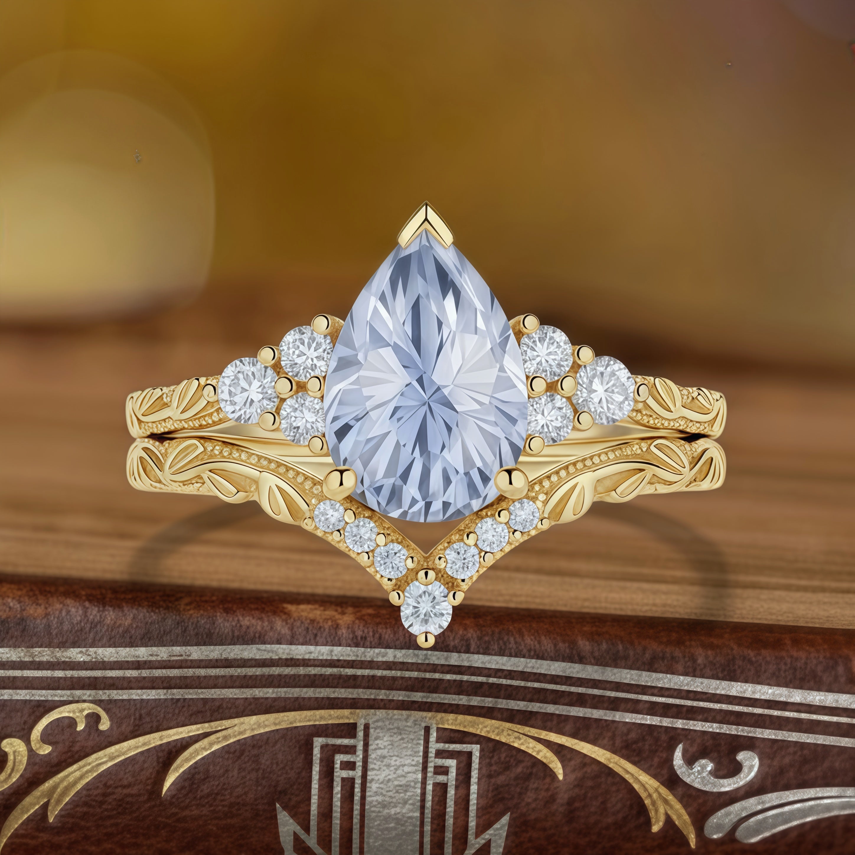 Celestia – Pear Cut Lab Cornflower Blue Sapphire Leaf Engagement Ring Vintage-Inspired Design