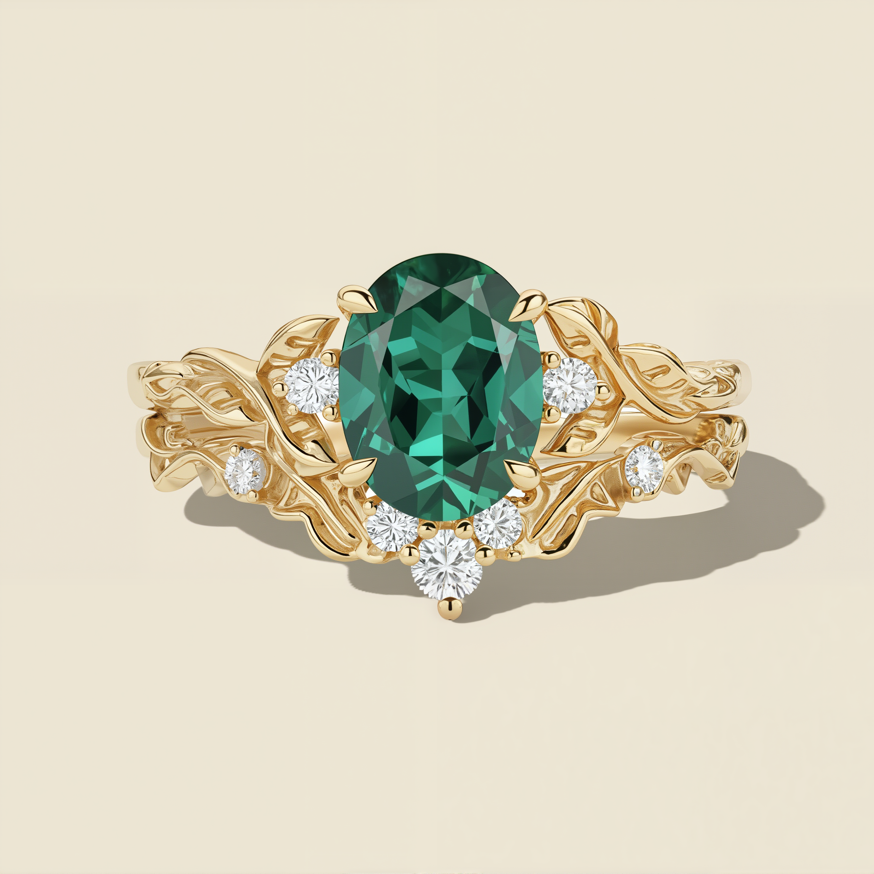 Sylvan Rites | Oval Emerald Hand-Carved Feathered Leaf Engagement Ring - Fiona