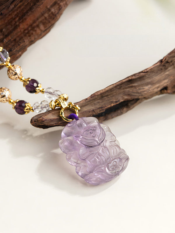 Natural Amethyst Fox Pendant Necklace
