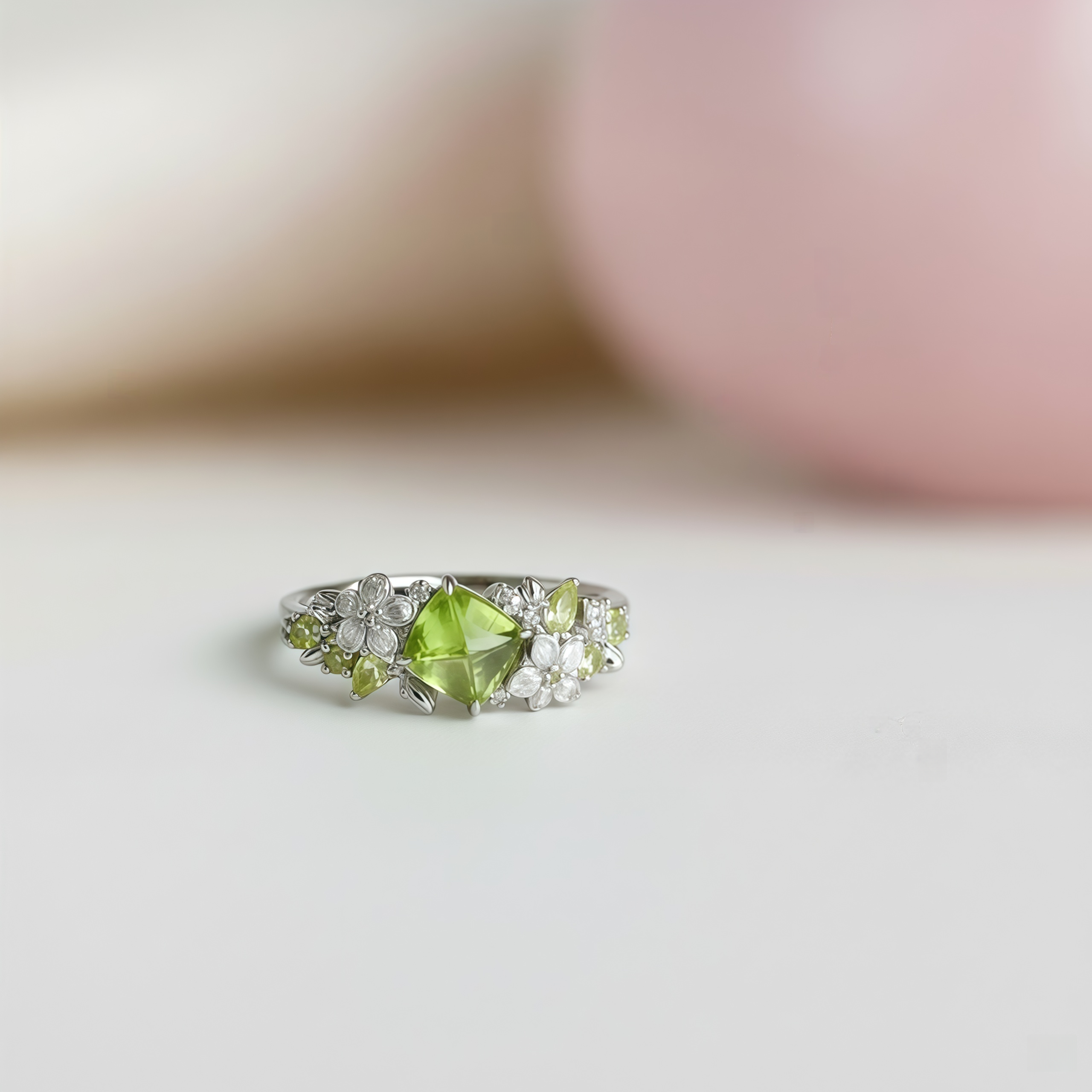 Jasmine Peridot Ring - Floral Green Moissanite Accents