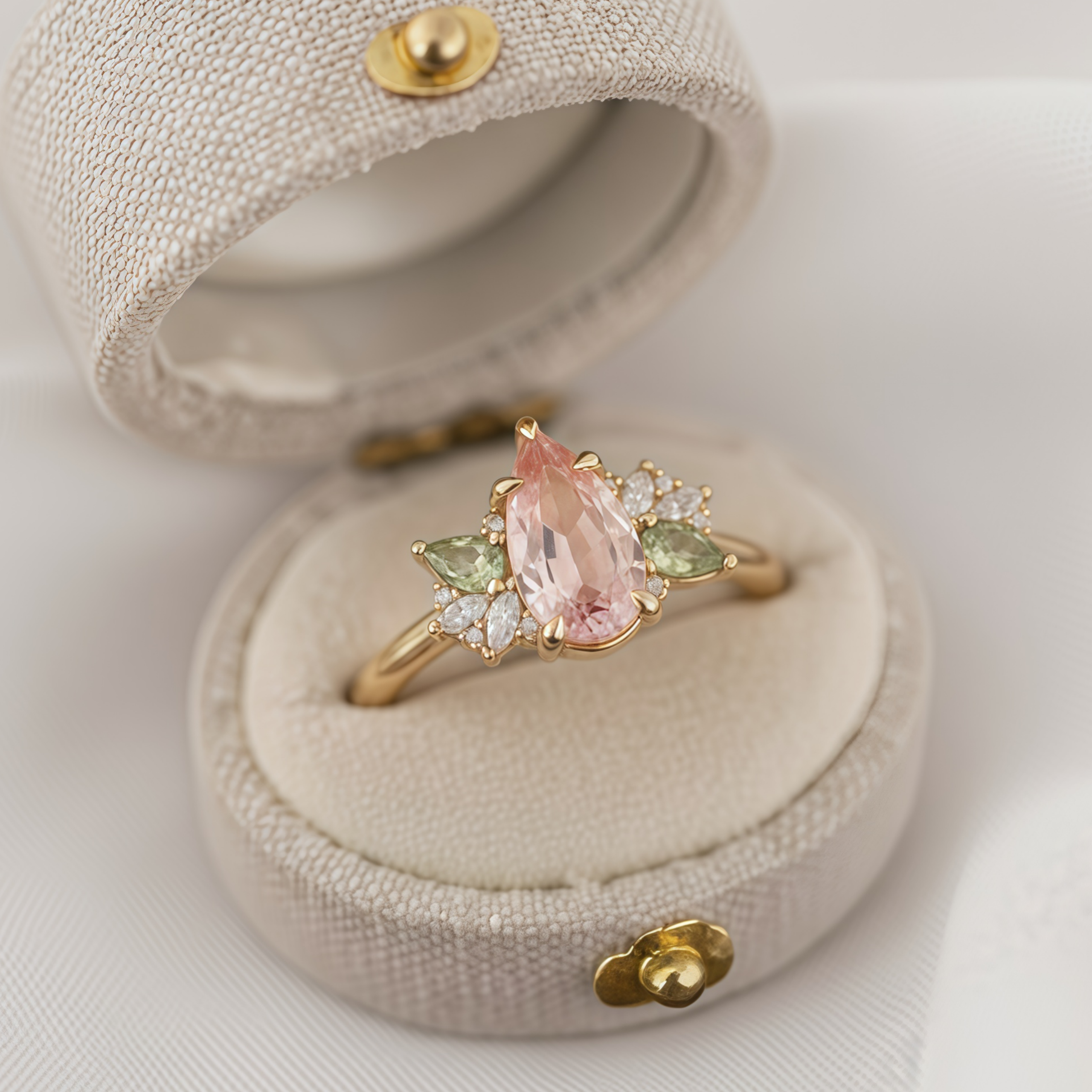 Elysian Blossom – Pear Cut Morganite & Green Tourmaline Floral Ring