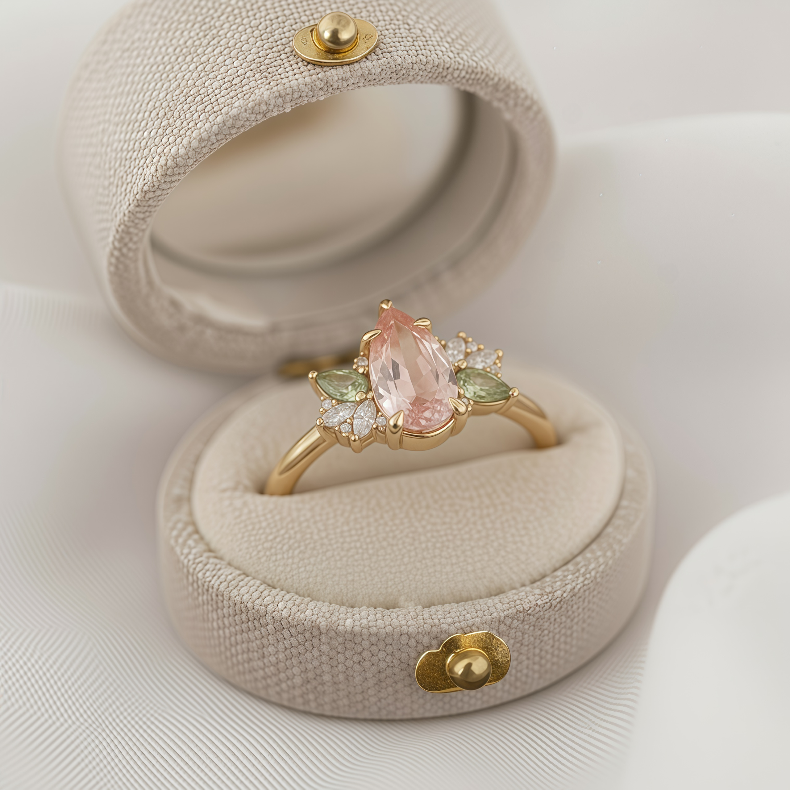 Elysian Blossom – Pear Cut Morganite & Green Tourmaline Floral Ring