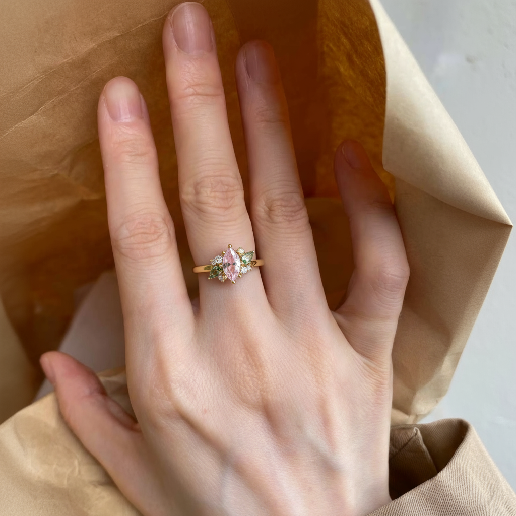 Elysian Blossom – Pear Cut Morganite & Green Tourmaline Floral Ring