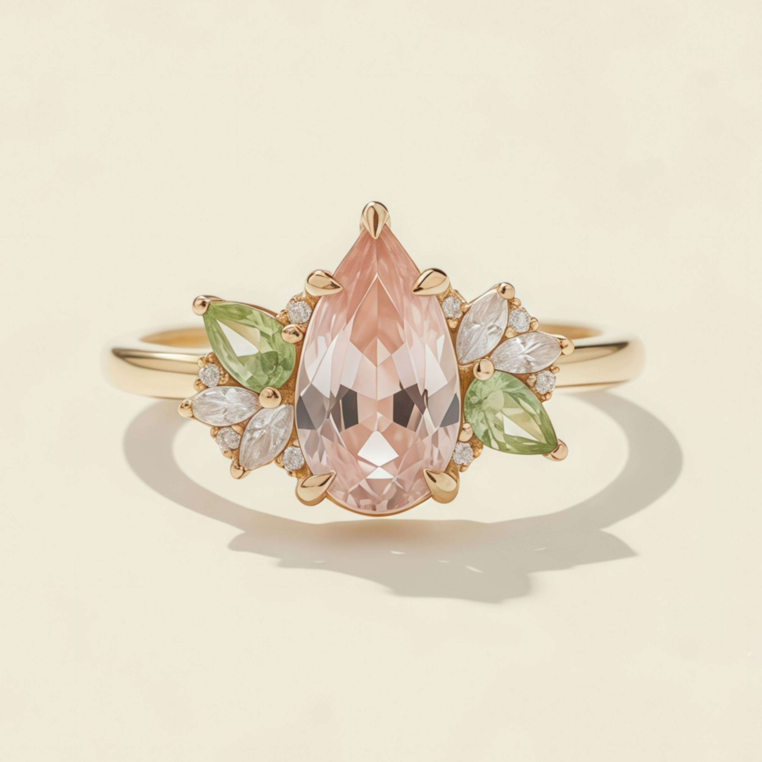 Elysian Blossom – Pear Cut Morganite & Green Tourmaline Floral Ring