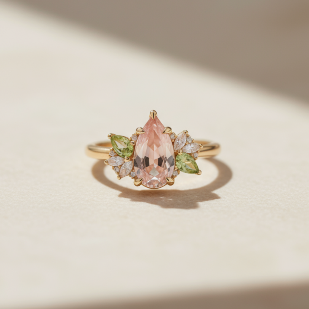 Elysian Blossom – Pear Cut Morganite & Green Tourmaline Floral Ring