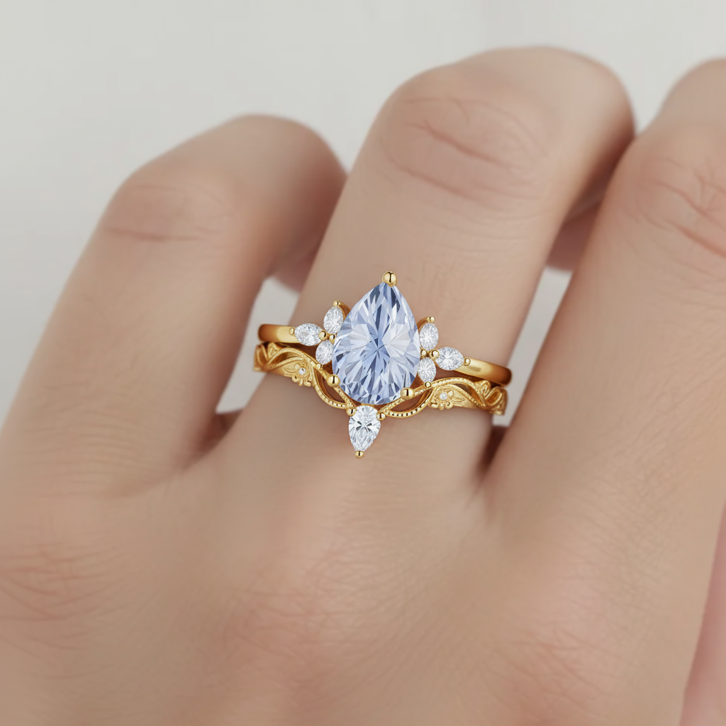 Aurora – Pear Cut Lab Cornflower Blue Sapphire Leaf Engagement Ring Vintage Floral Design