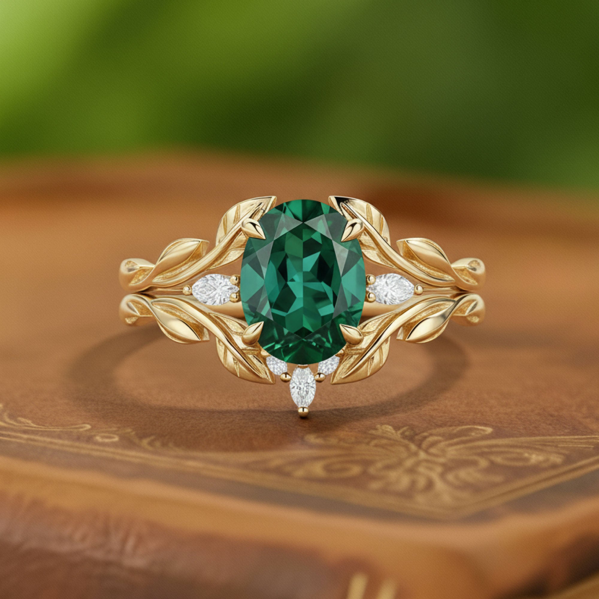 Regal Crest | Oval Emerald Symmetrical Laurel Engagement Ring - Athene