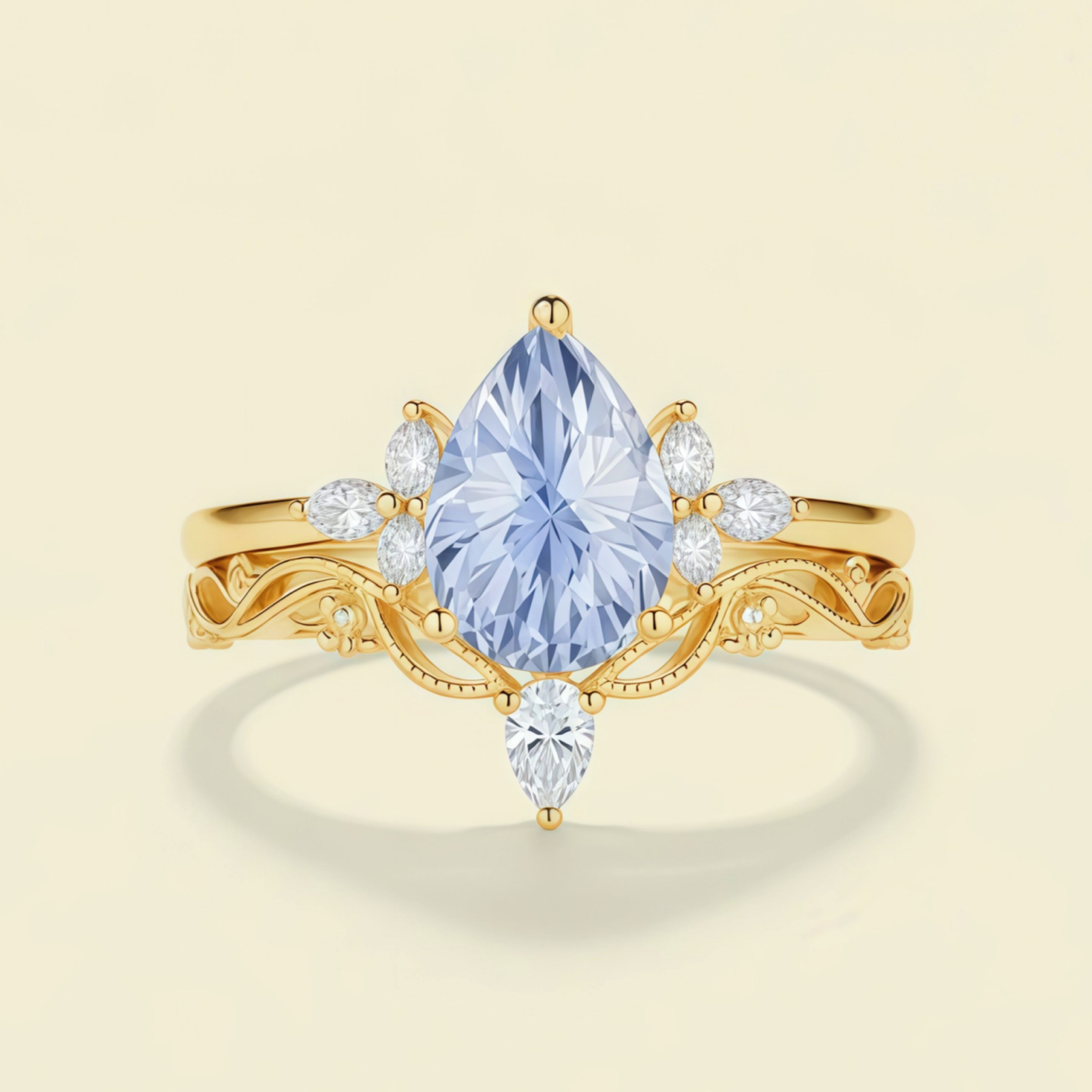 Aurora – Pear Cut Lab Cornflower Blue Sapphire Leaf Engagement Ring Vintage Floral Design