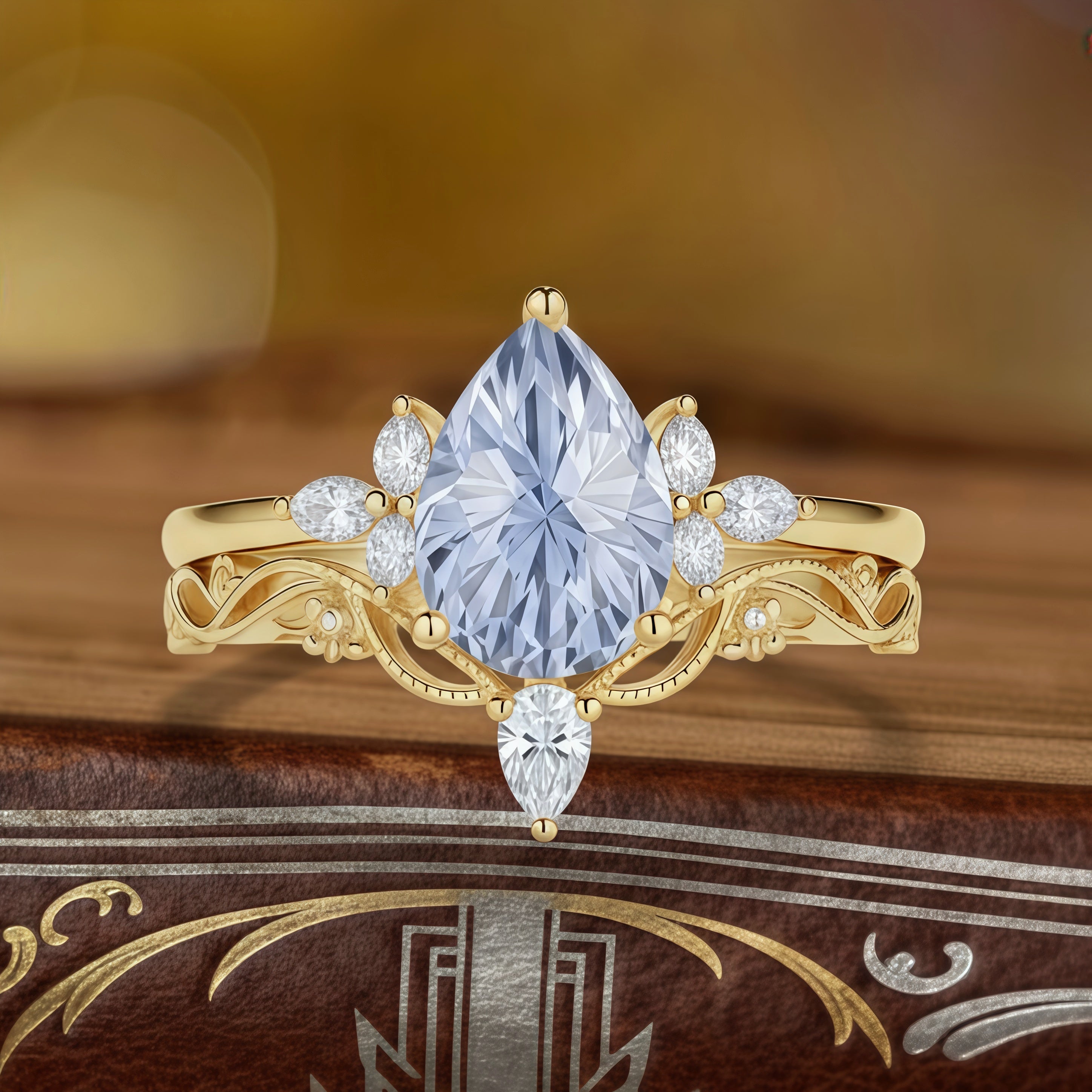 Aurora – Pear Cut Lab Cornflower Blue Sapphire Leaf Engagement Ring Vintage Floral Design