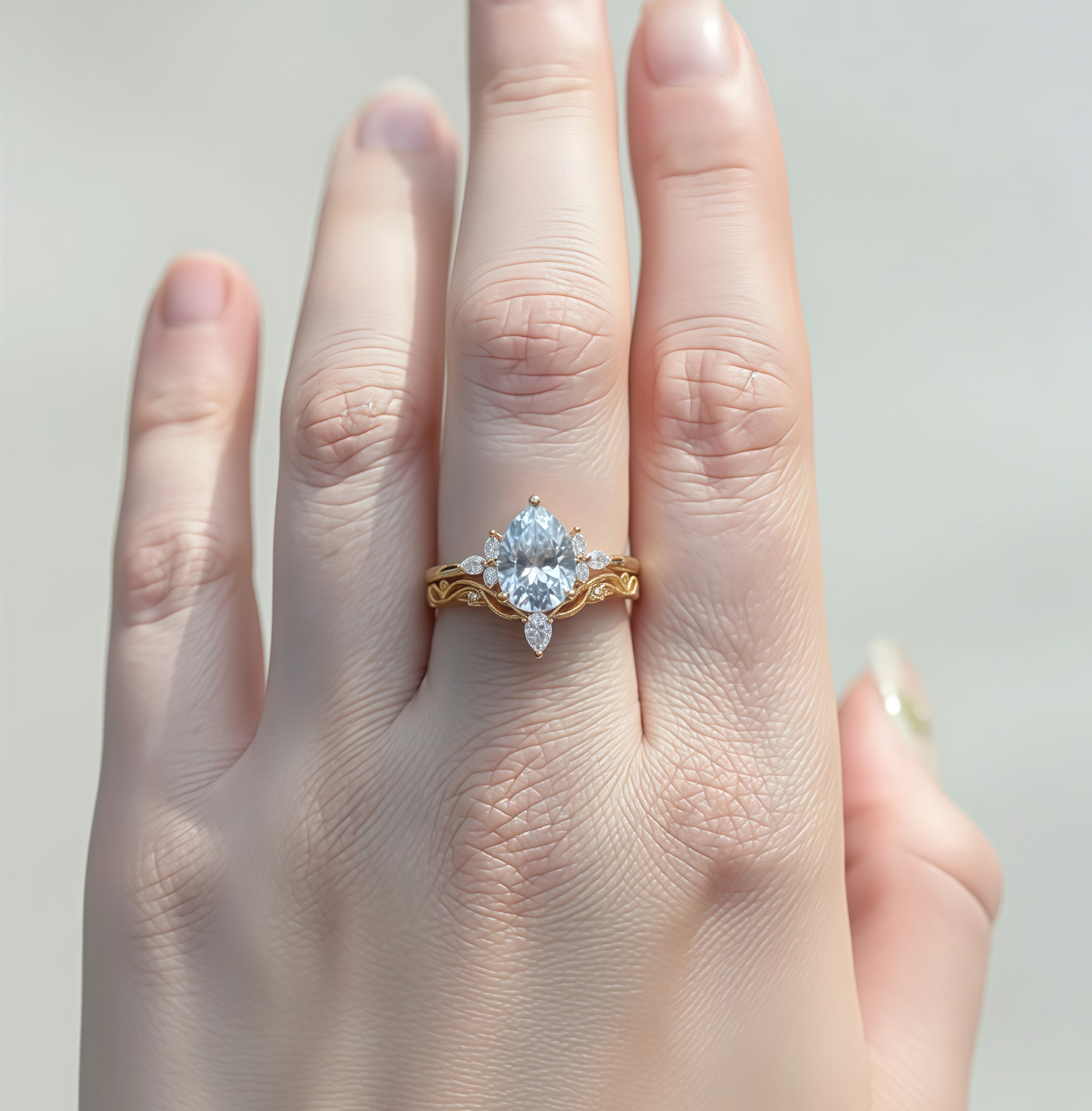 Aurora – Pear Cut Lab Cornflower Blue Sapphire Leaf Engagement Ring Vintage Floral Design