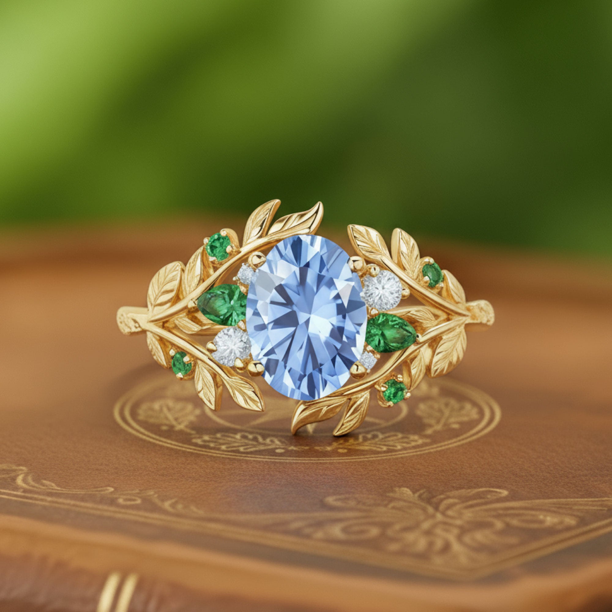 Secret Covenant | Oval Lab Cornflower Blue Sapphire Multi-Gem Leaf Halo Ring - Freya
