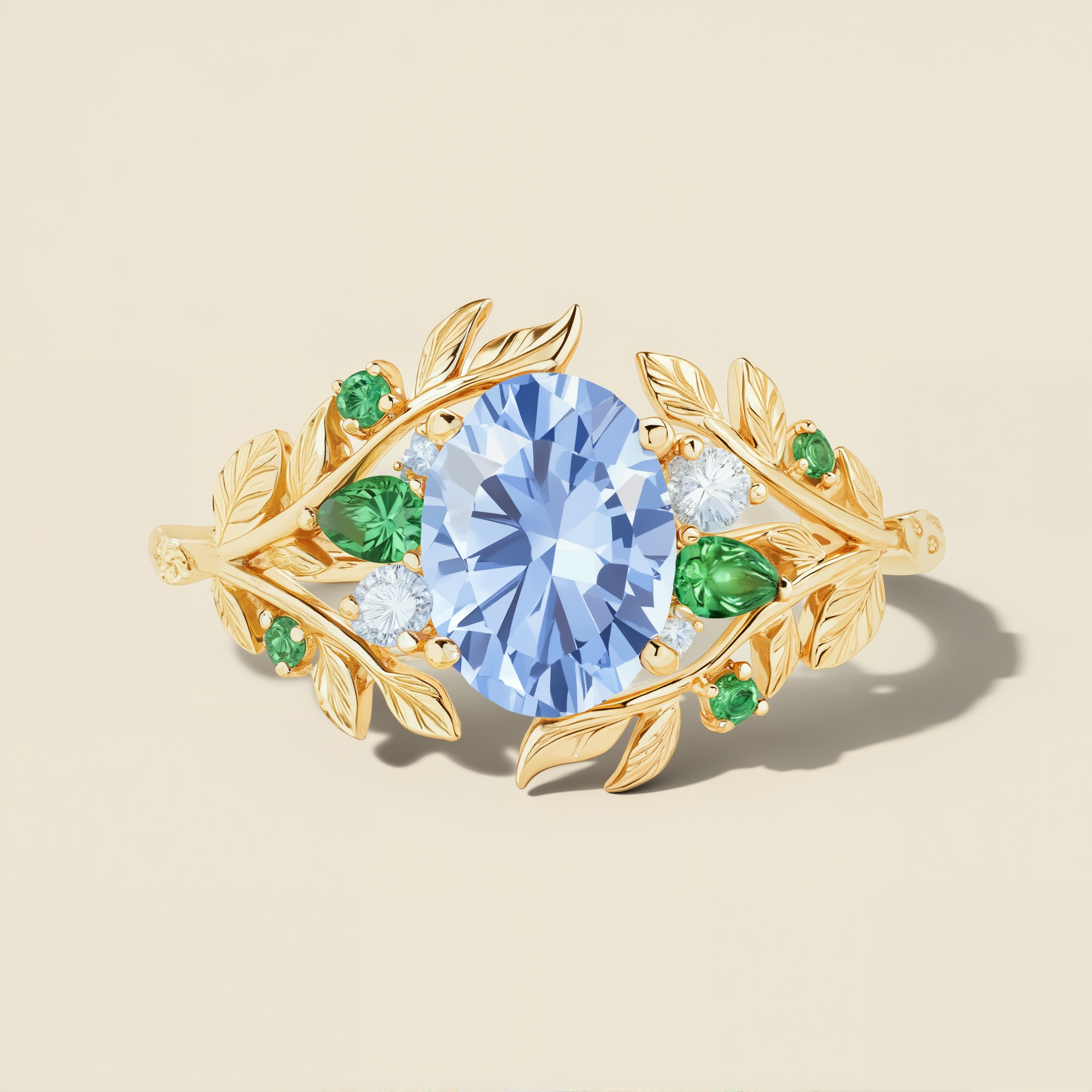 Secret Covenant | Oval Lab Cornflower Blue Sapphire Multi-Gem Leaf Halo Ring - Freya