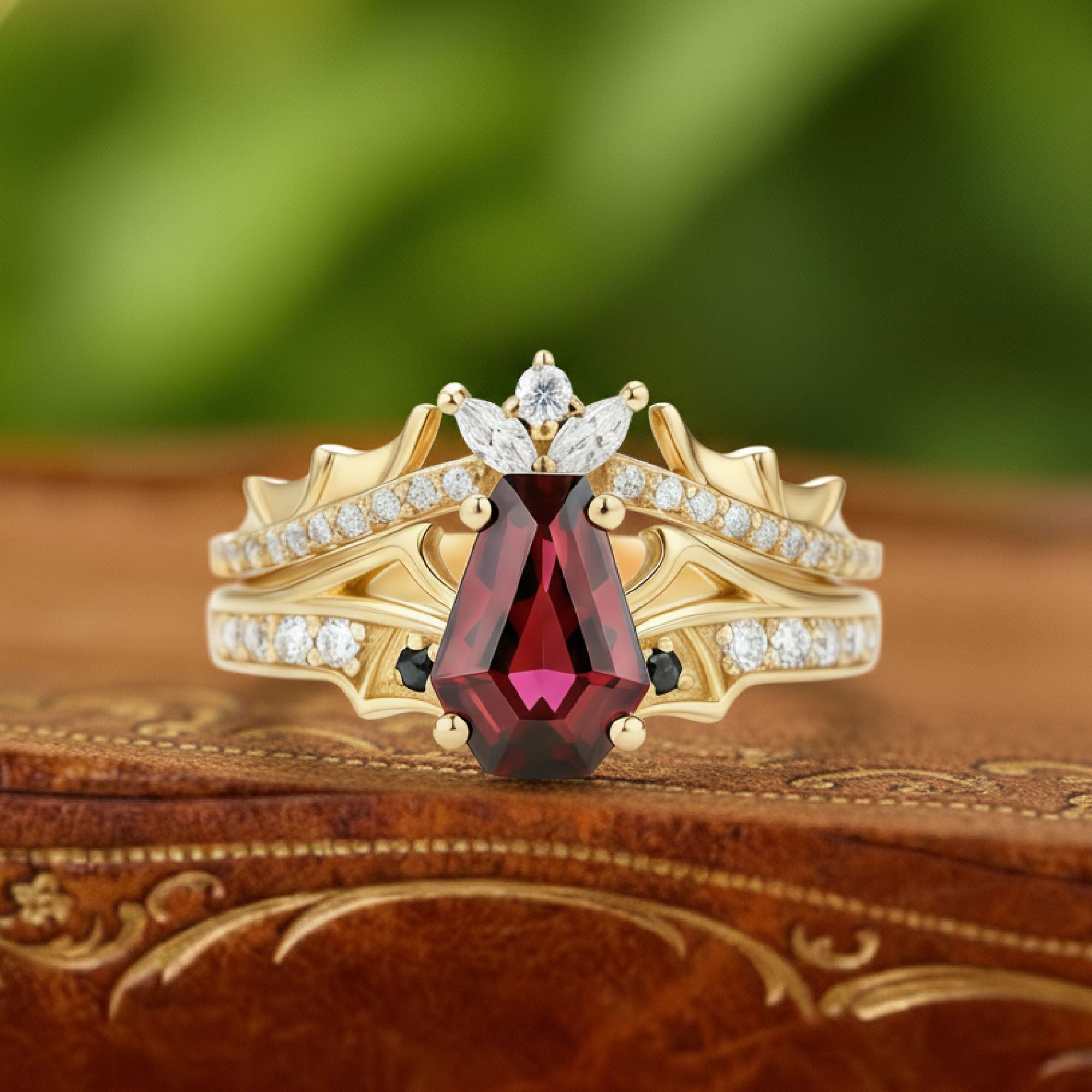Grail Keeper | Kite Ruby & Black Diamond Royal Emblem Engagement Ring - Isolde