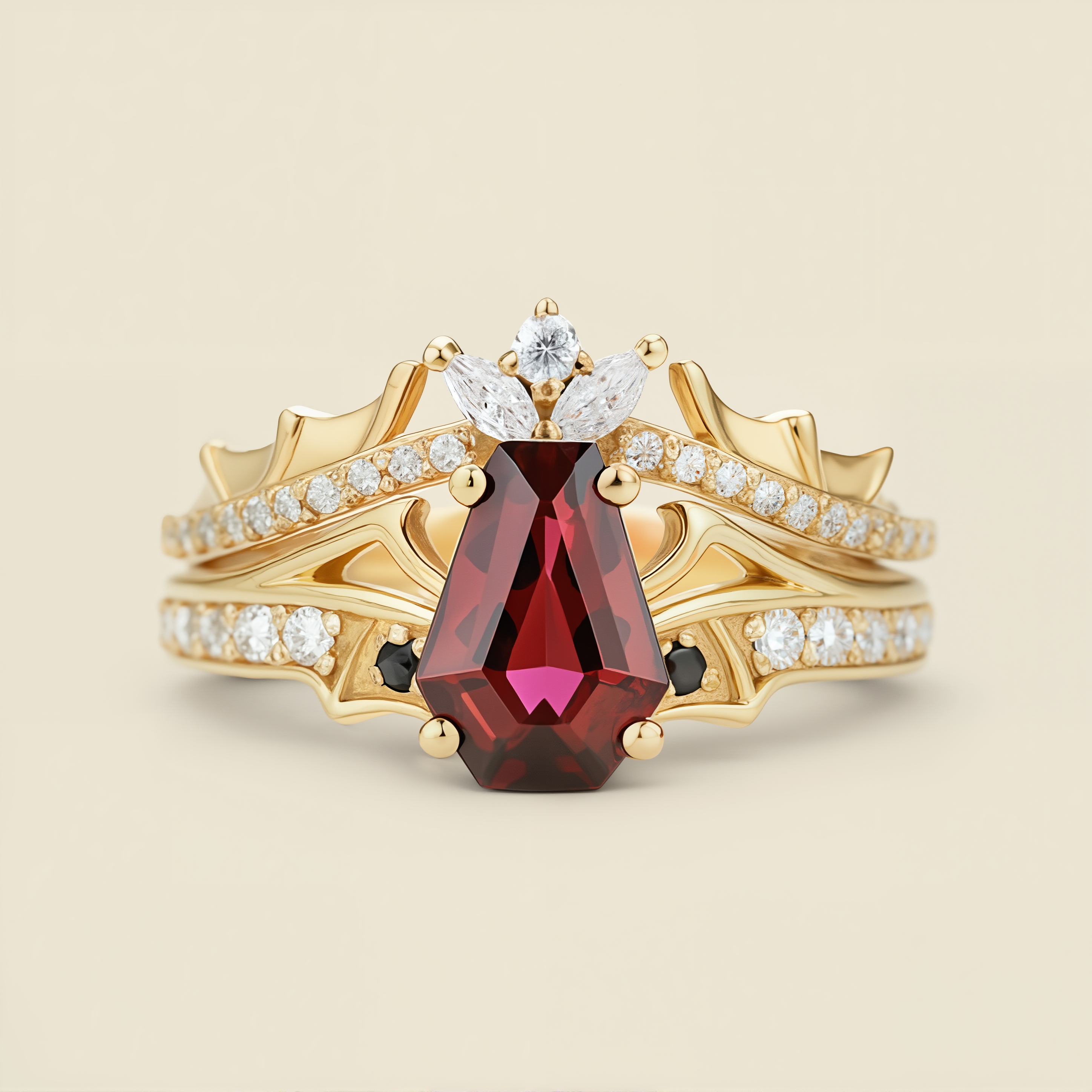 Grail Keeper | Kite Ruby & Black Diamond Royal Emblem Engagement Ring - Isolde