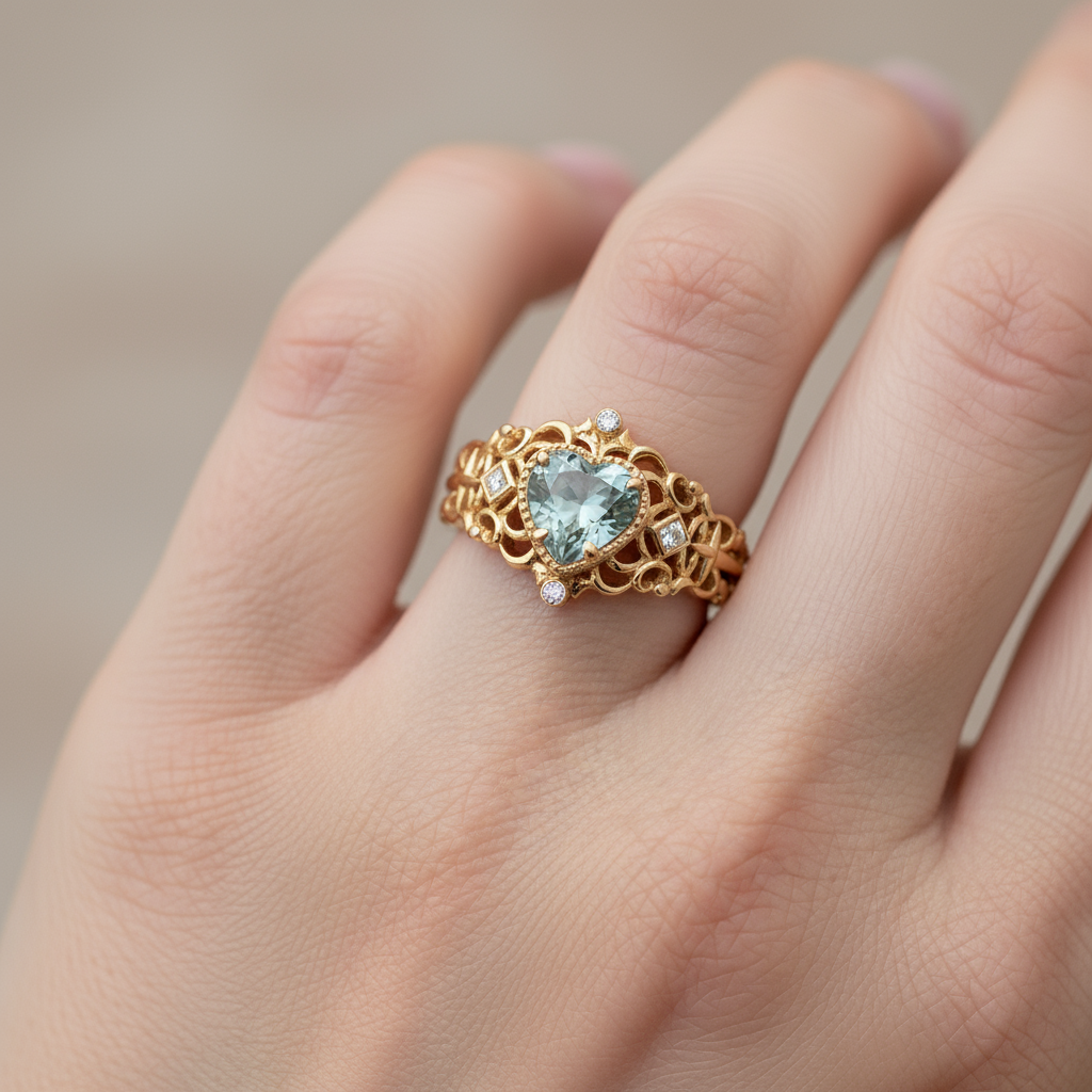Lost Locket | Heart-Cut Green-Blue Sapphire Wide Filigree Engagement Ring - Isolde