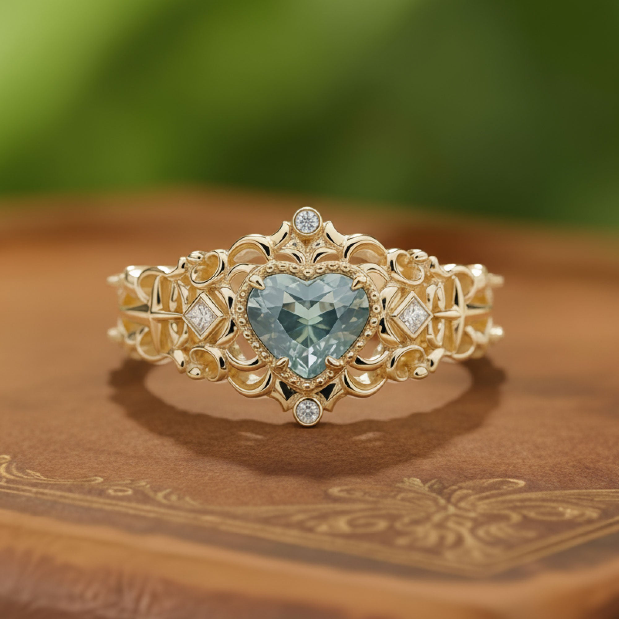 Lost Locket | Heart-Cut Green-Blue Sapphire Wide Filigree Engagement Ring - Isolde