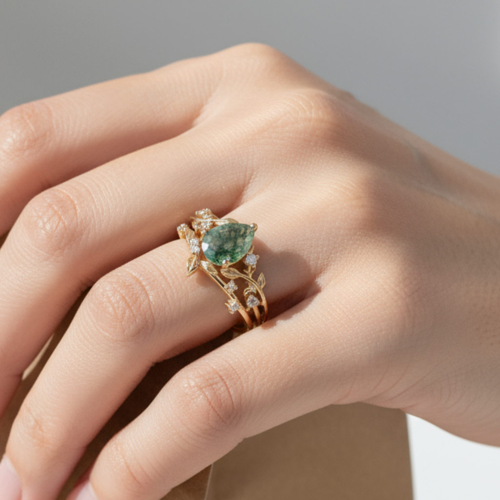 Sylvana – Pear Cut Moss Agate & Moissanite Vine Ring