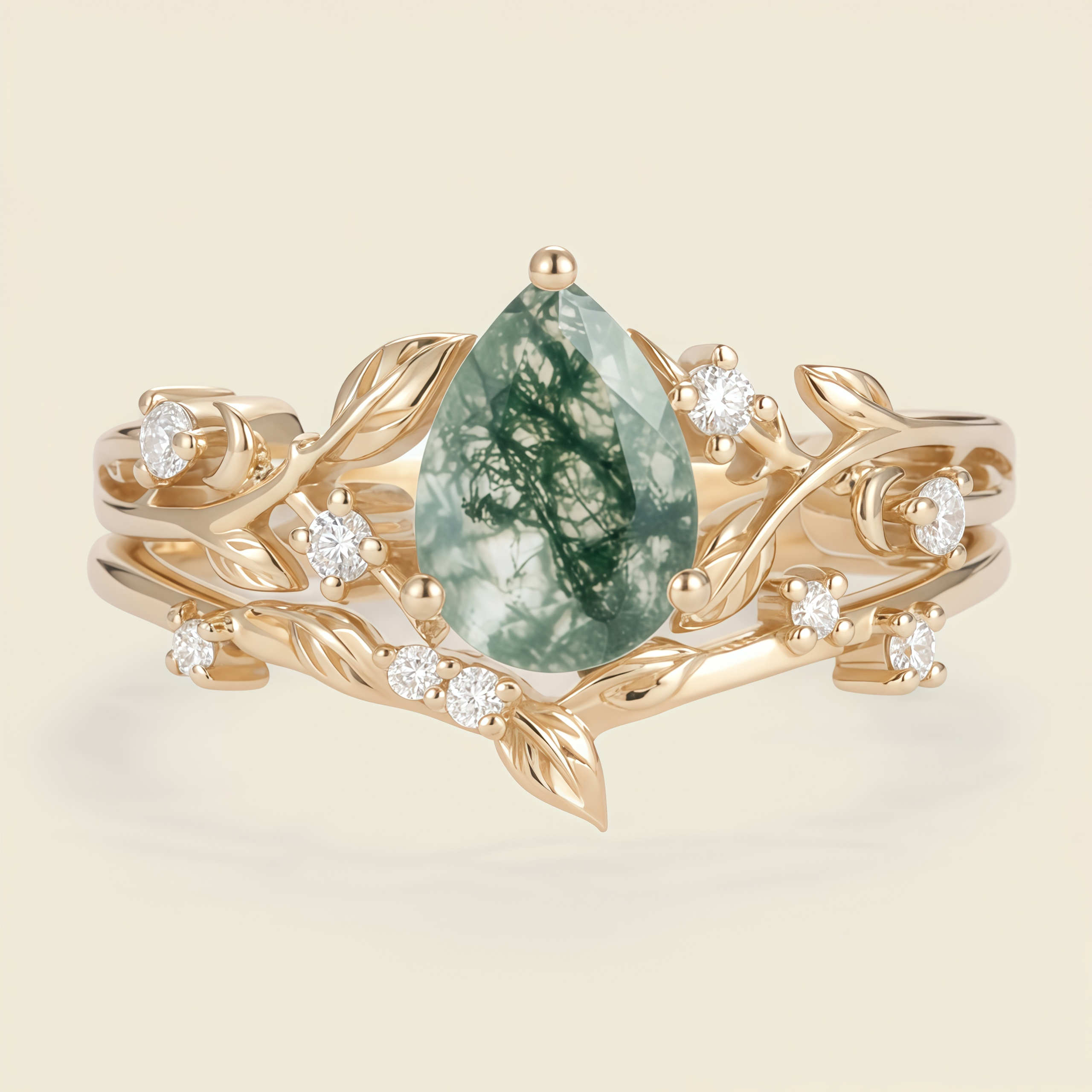 Sylvana – Pear Cut Moss Agate & Moissanite Vine Ring
