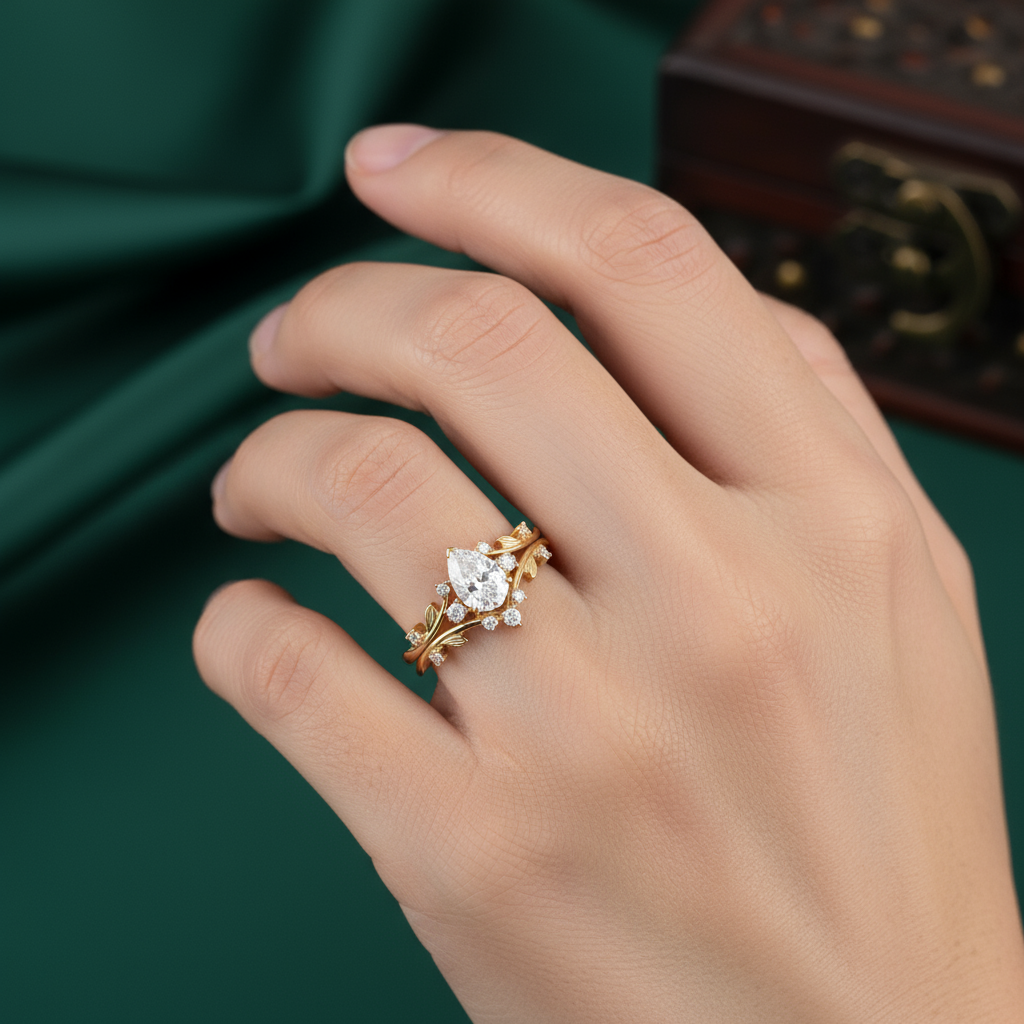 Golden Leaf Crown – Pear Cut Diamond Ring with Nature-Inspired Band