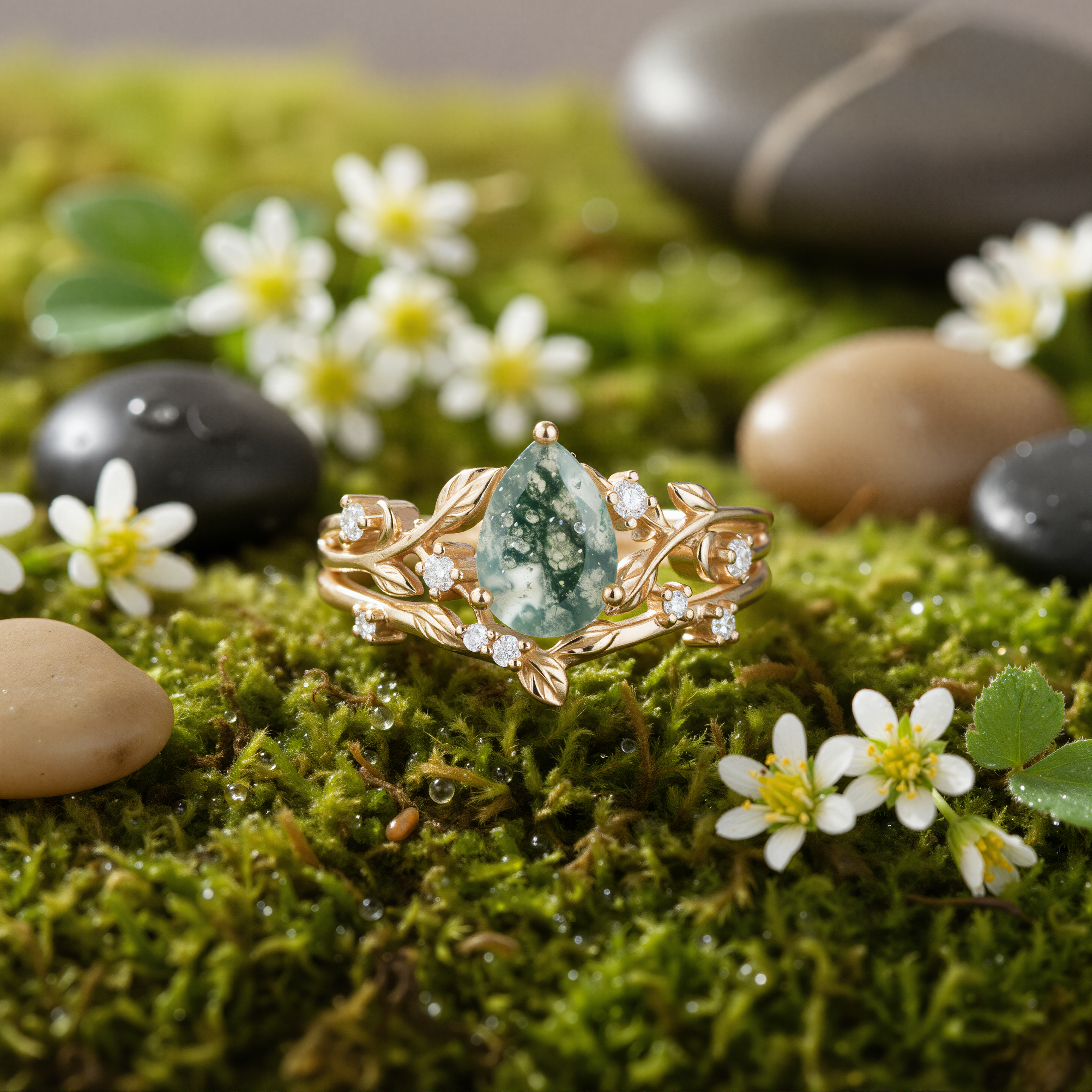 Sylvana – Pear Cut Moss Agate & Moissanite Vine Ring
