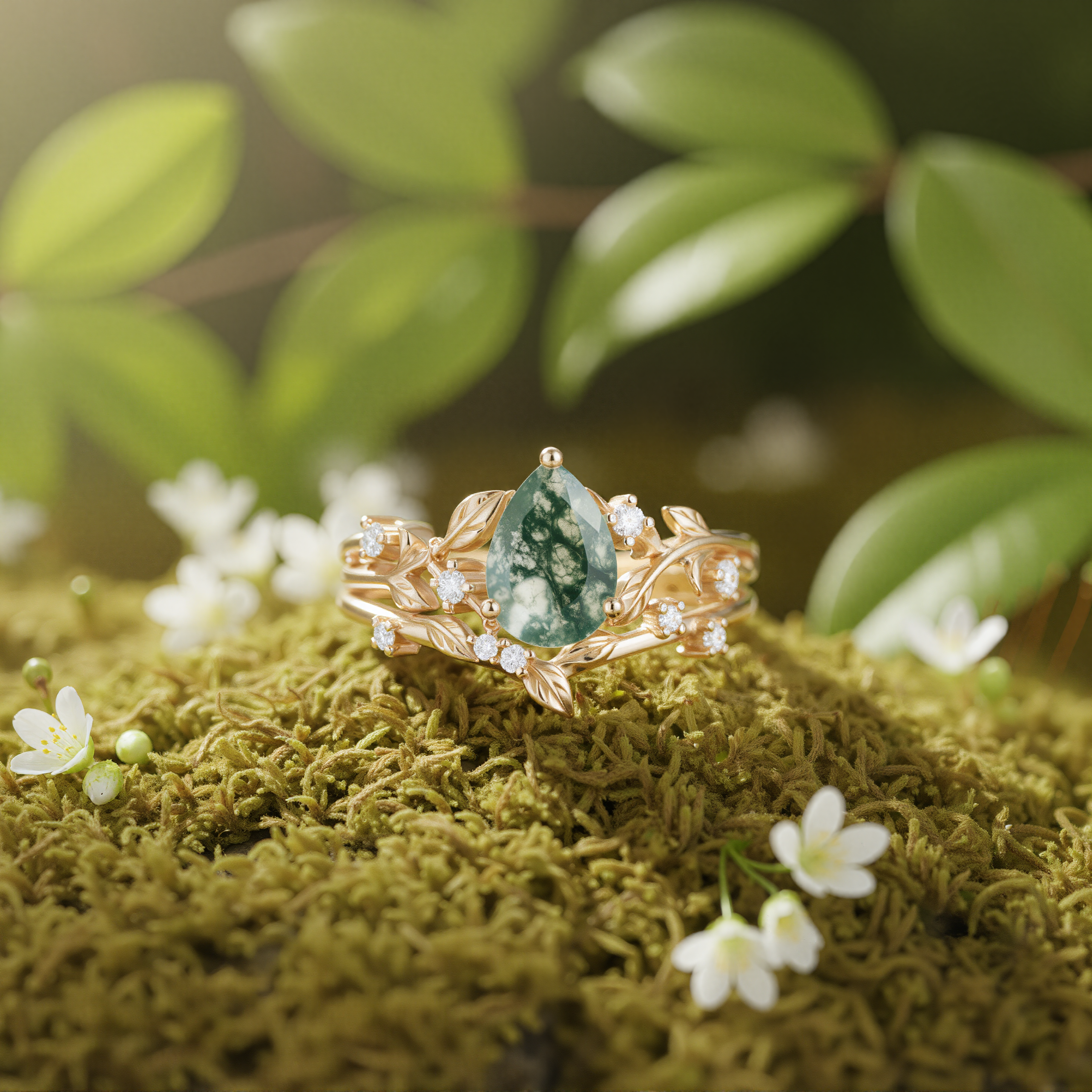 Sylvana – Pear Cut Moss Agate & Moissanite Vine Ring
