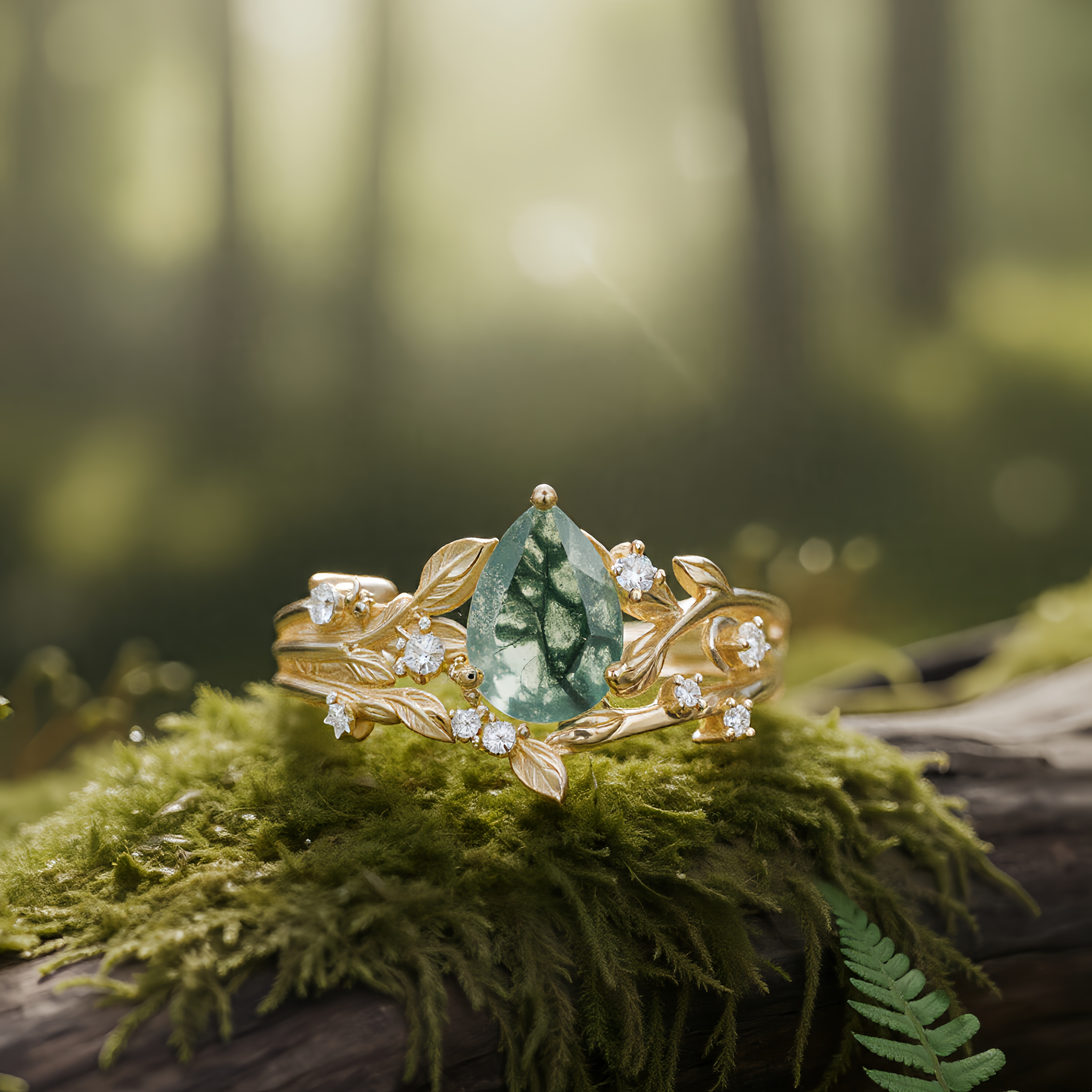 Sylvana – Pear Cut Moss Agate & Moissanite Vine Ring