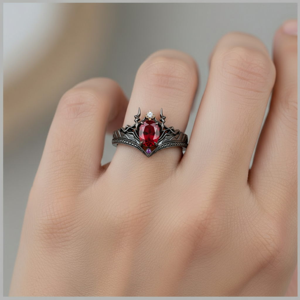 Infernal Relic | Oval Ruby Gothic Crown Solitaire Ring - Dracona