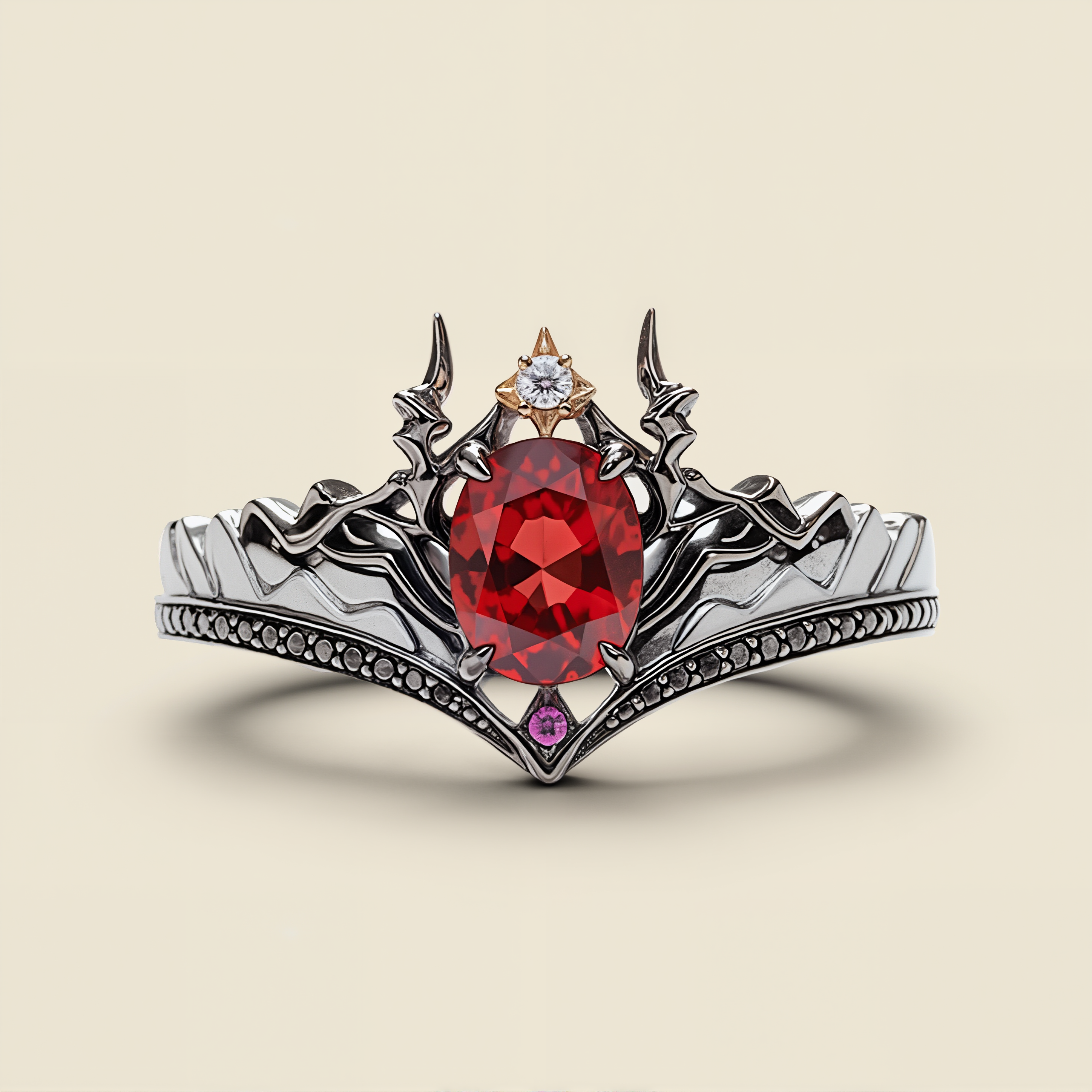 Infernal Relic | Oval Ruby Gothic Crown Solitaire Ring - Dracona