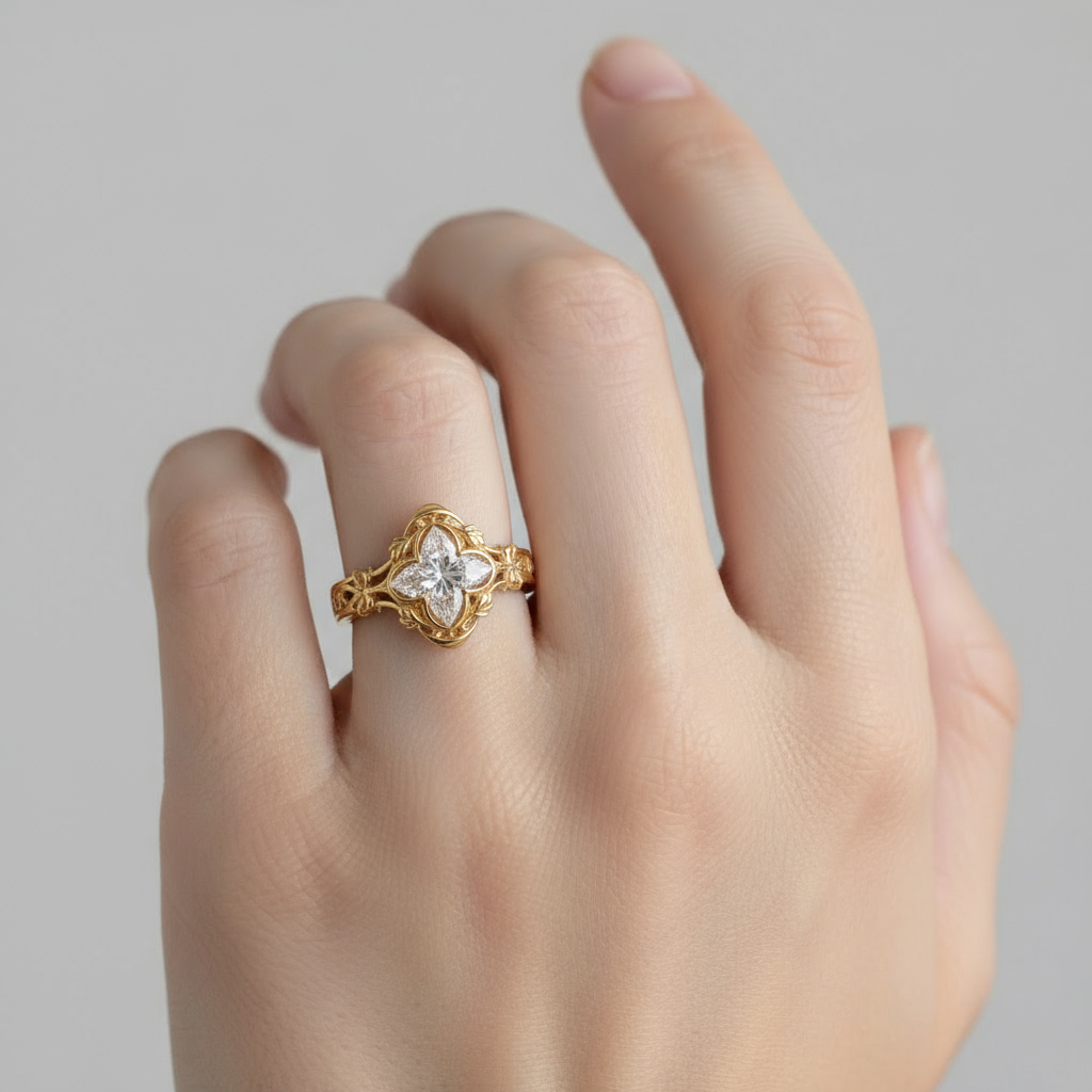 Gilded Vault | Moissanite Quad Illusion Cut Art Nouveau Solitaire - Aurelia