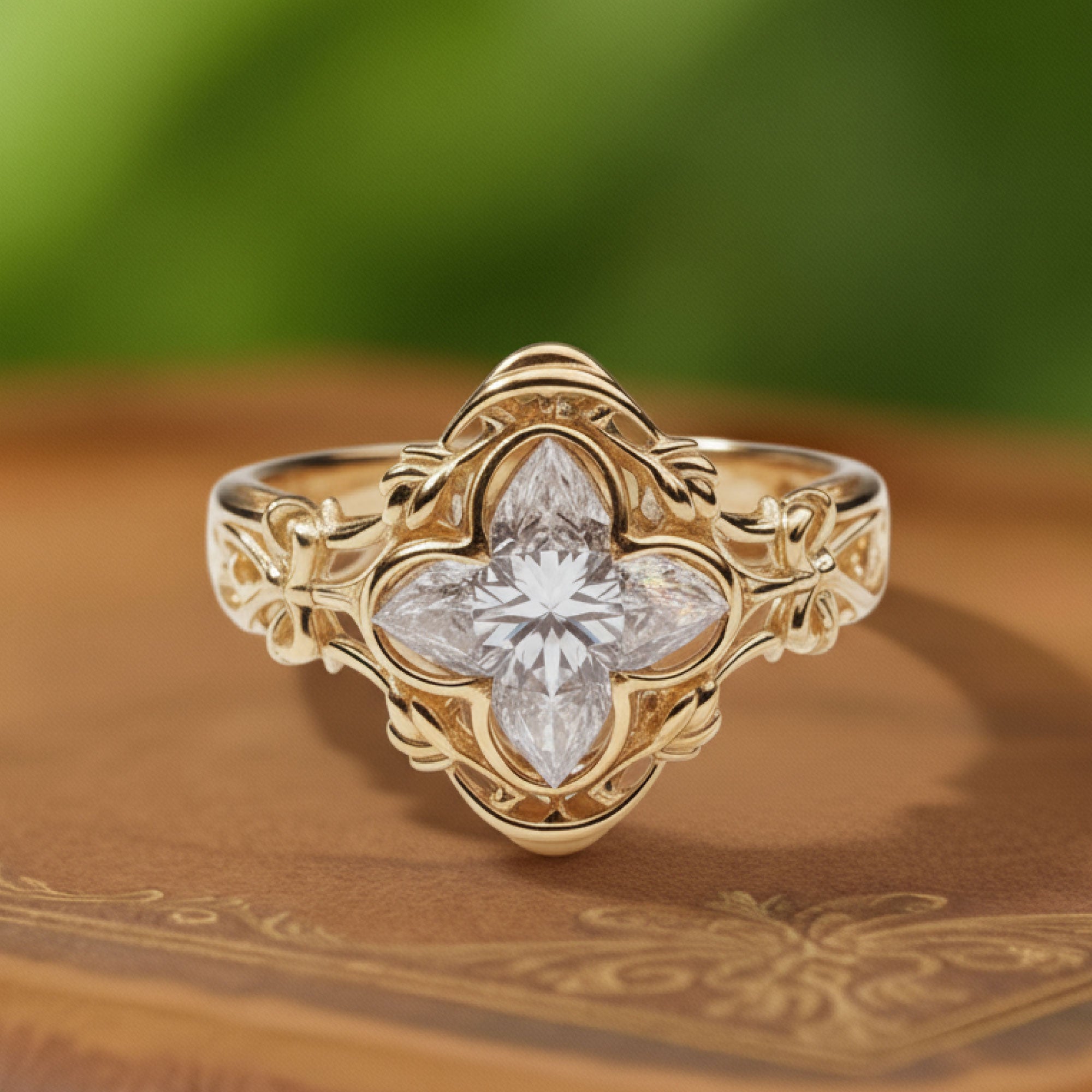 Gilded Vault | Moissanite Quad Illusion Cut Art Nouveau Solitaire - Aurelia