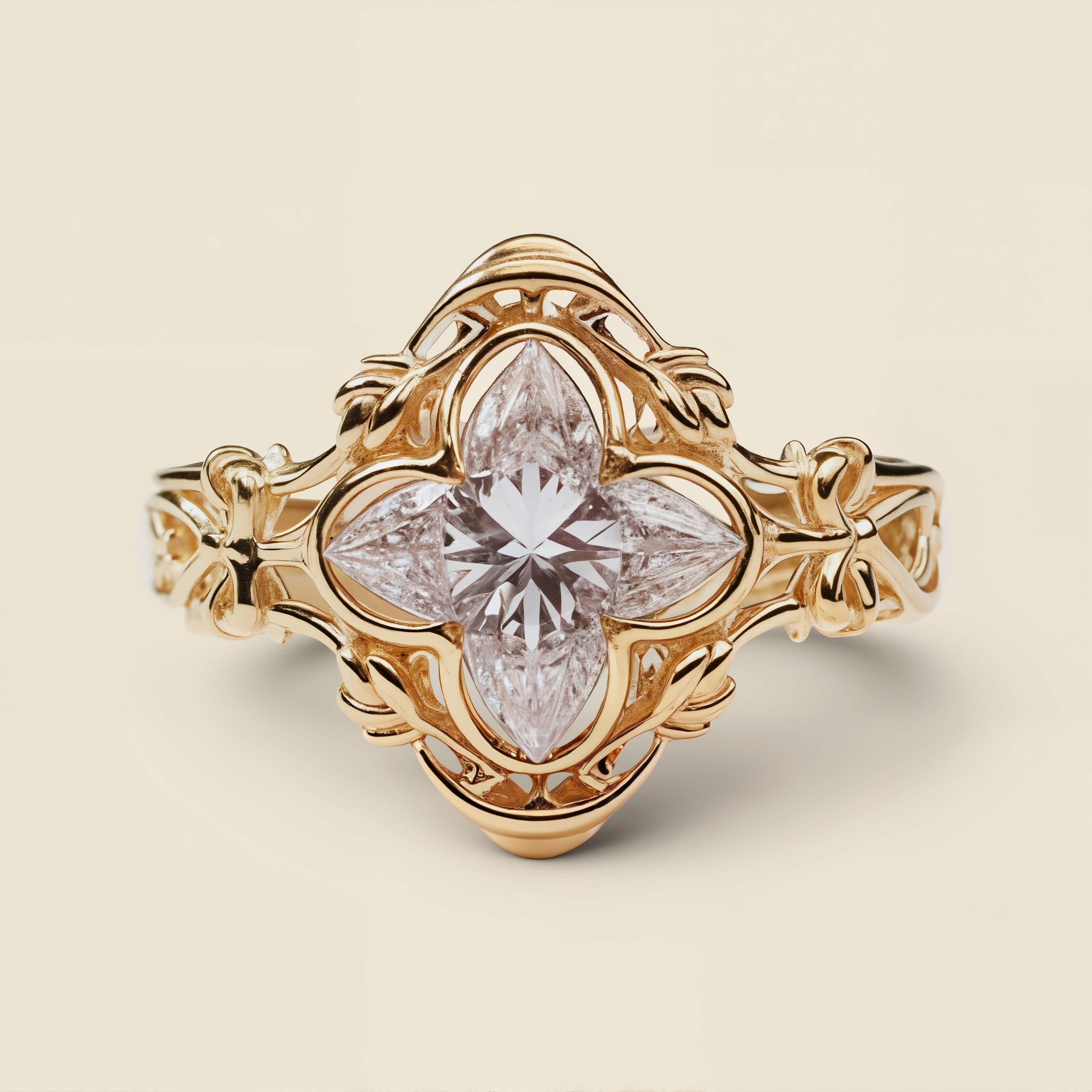 Gilded Vault | Moissanite Quad Illusion Cut Art Nouveau Solitaire - Aurelia