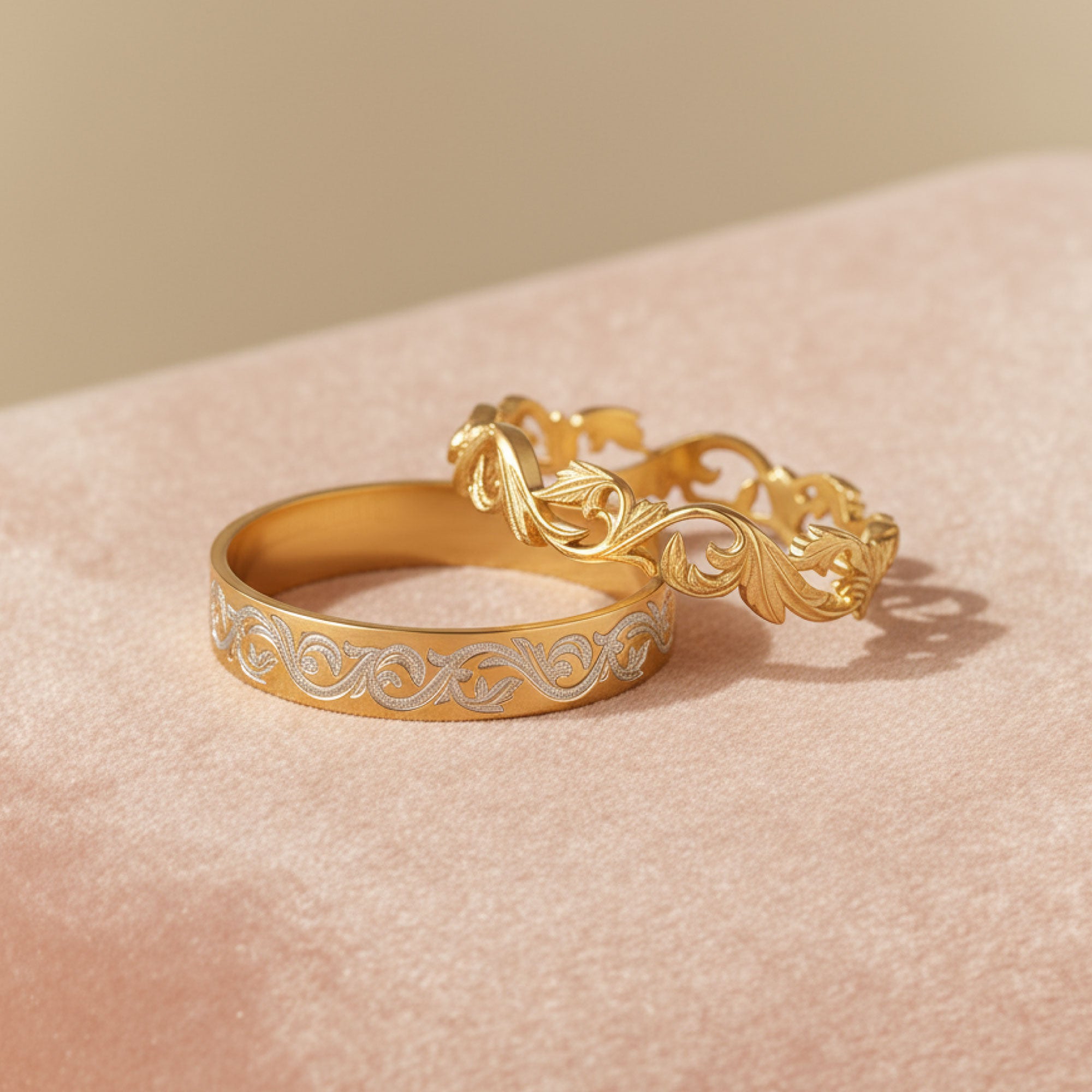 Eternal Intertwine | Filigree & Dual-Tone Engraved Wide Wedding Band Set - Lyra & Orion