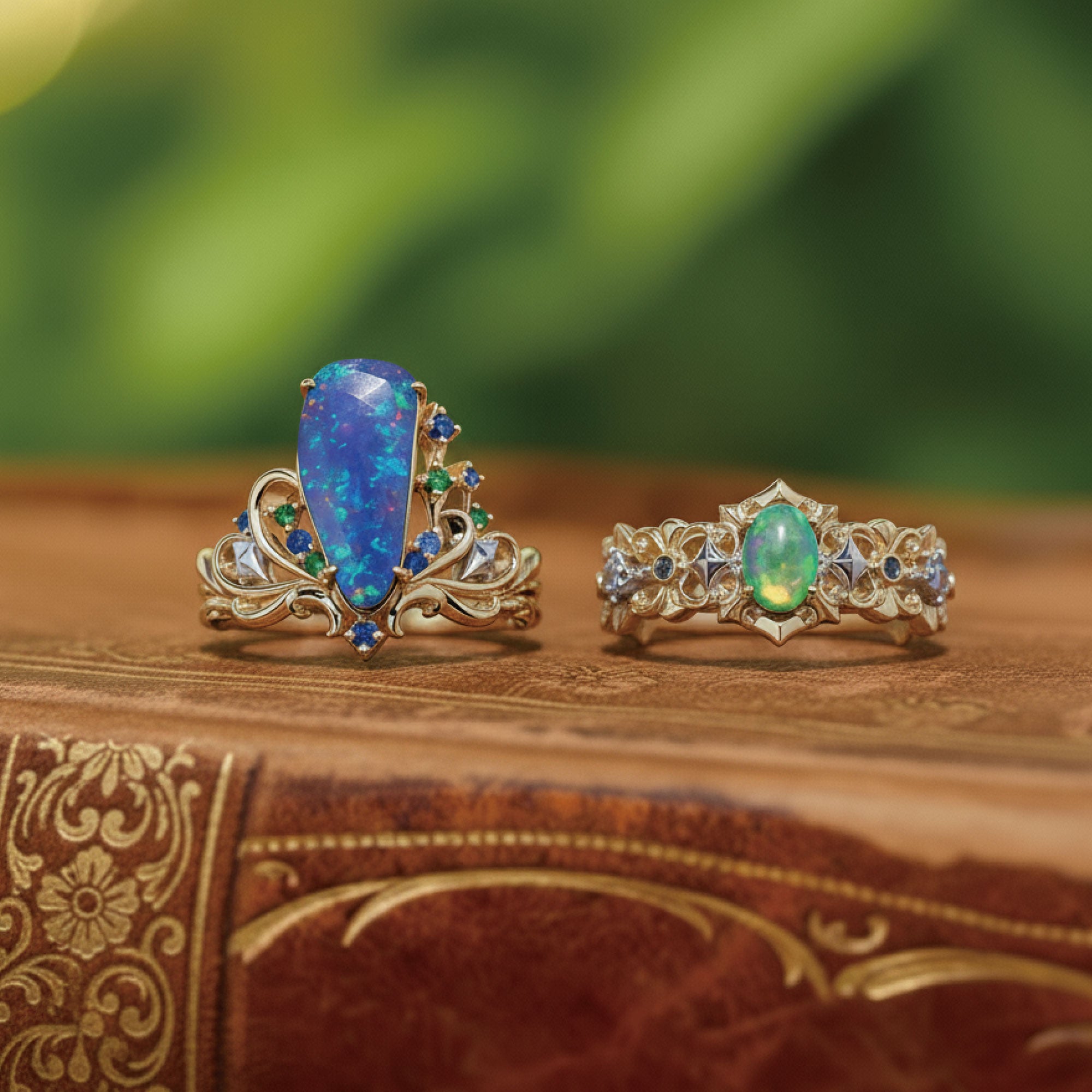 Cosmic Queen | Pear Black Opal & Multi-Gem Stacking Rings Set - Galaxia